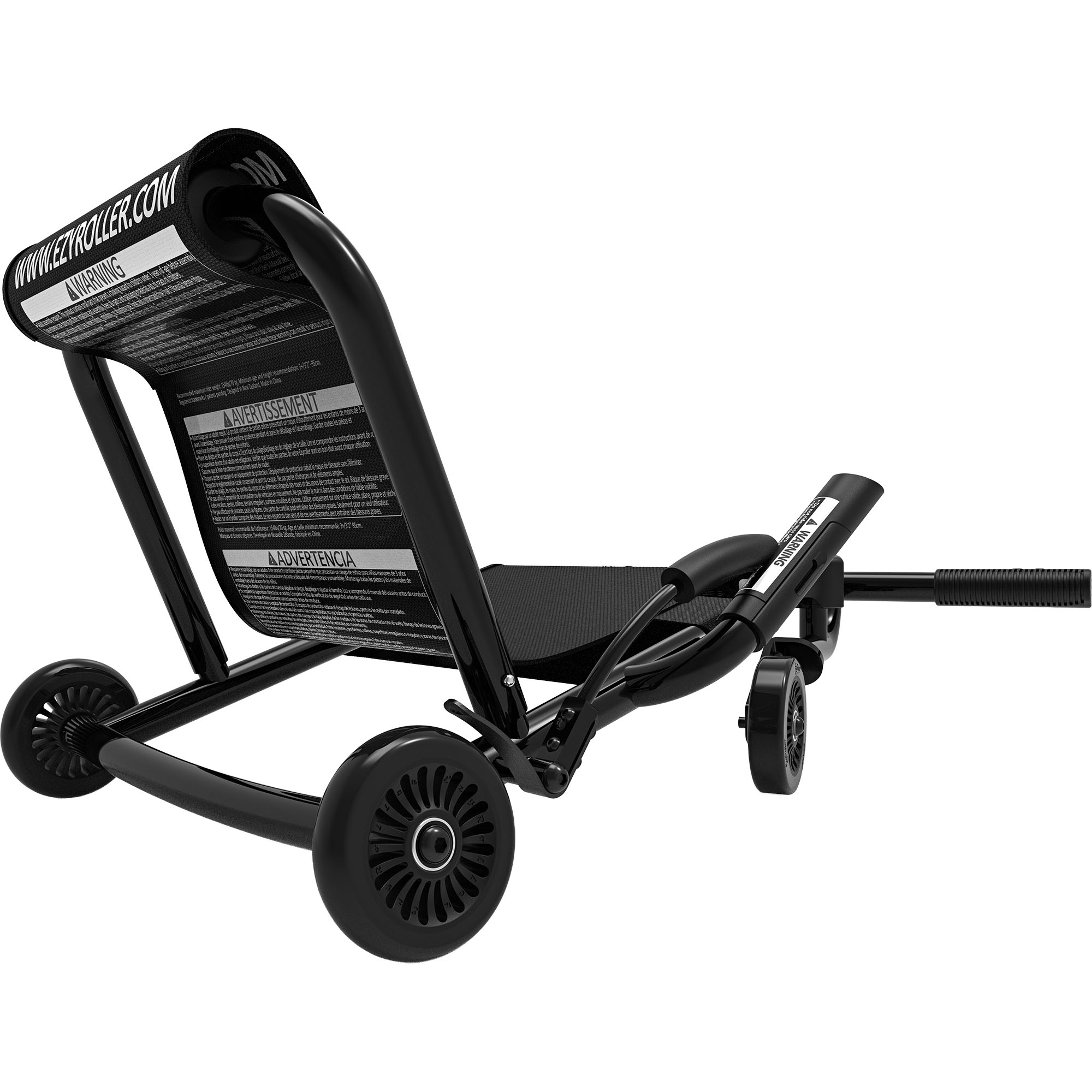 Ein schwarzer Ezyroller mit drei Rädern, Griffen und Warnhinweisen.