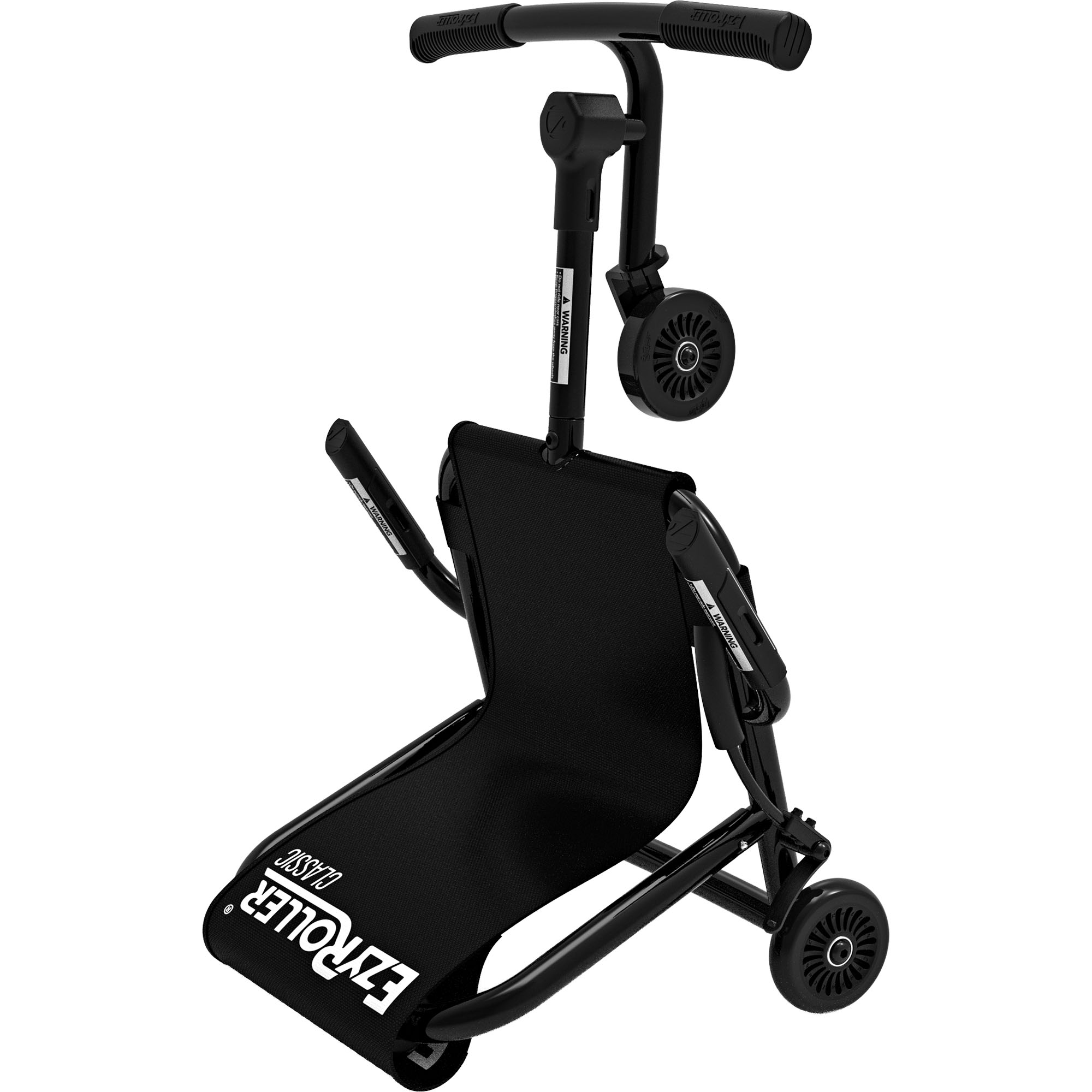 Ein schwarzer Ezyroller Classic Kinderscooter mit Sitz und Lenker.