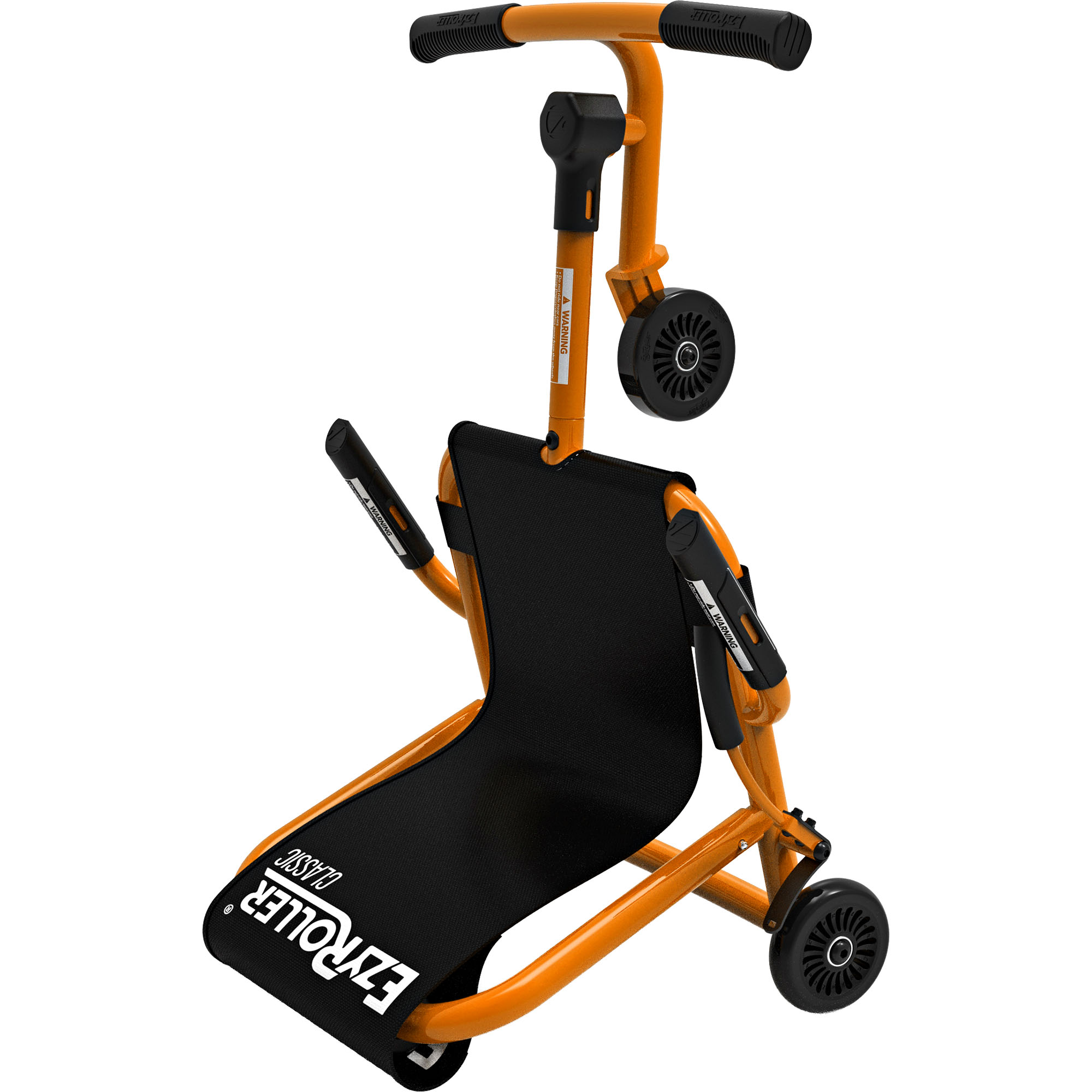 Ein orangefarbener Ezyroller Classic mit schwarzem Sitz und Rädern.
