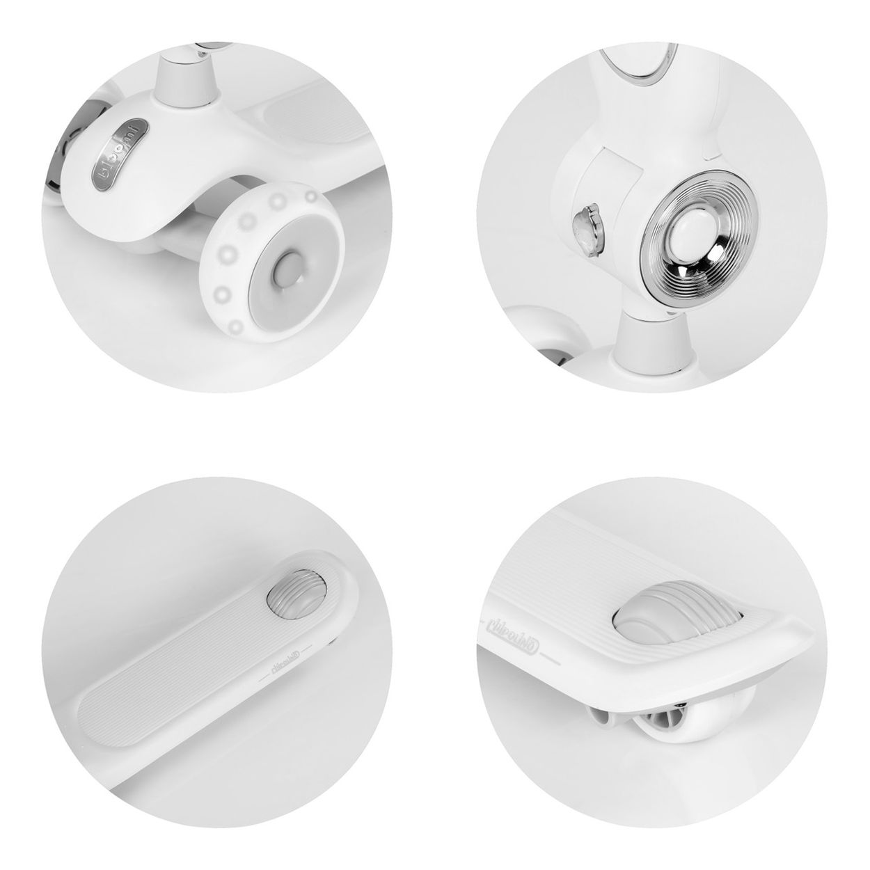 Weiße Tretroller-Details: Räder, Trittbrett, Lenker und Lichter.