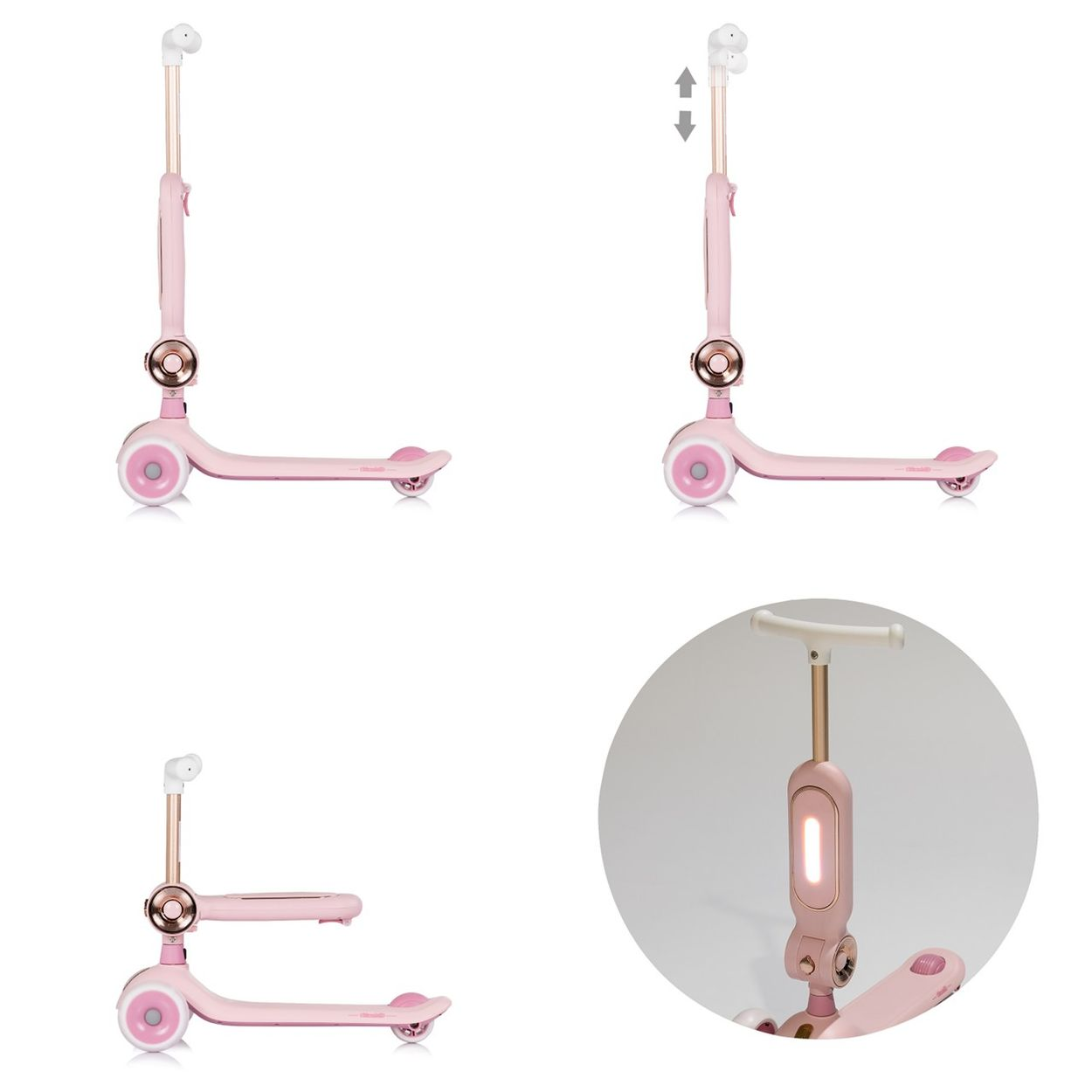 Rosa Roller mit drei Rädern, verstellbarem Lenker und Licht.