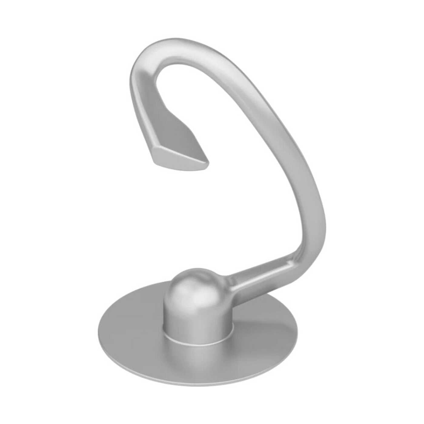A silver hook with a round base, curving upwards.
