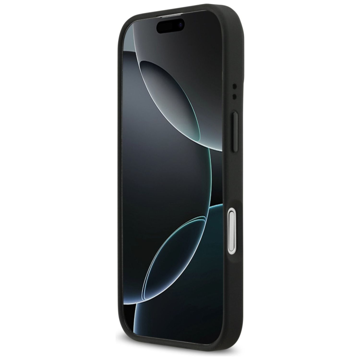 Schwarzes Smartphone in einer Hülle, Seitenansicht mit Bedienelementen.