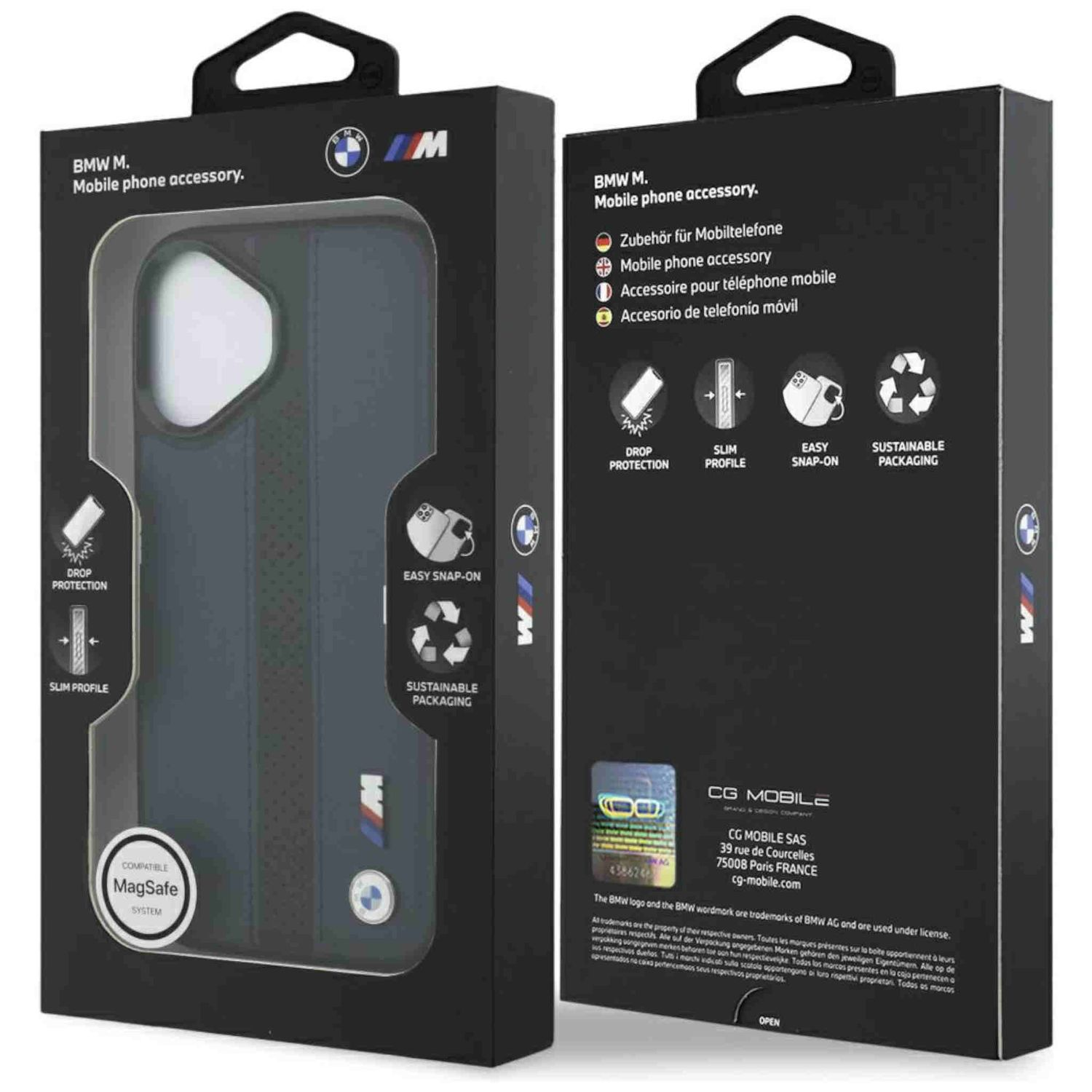 BMW M Handyhülle: Drop Protection, schlankes Profil, Easy Snap-On, nachhaltige Verpackung.