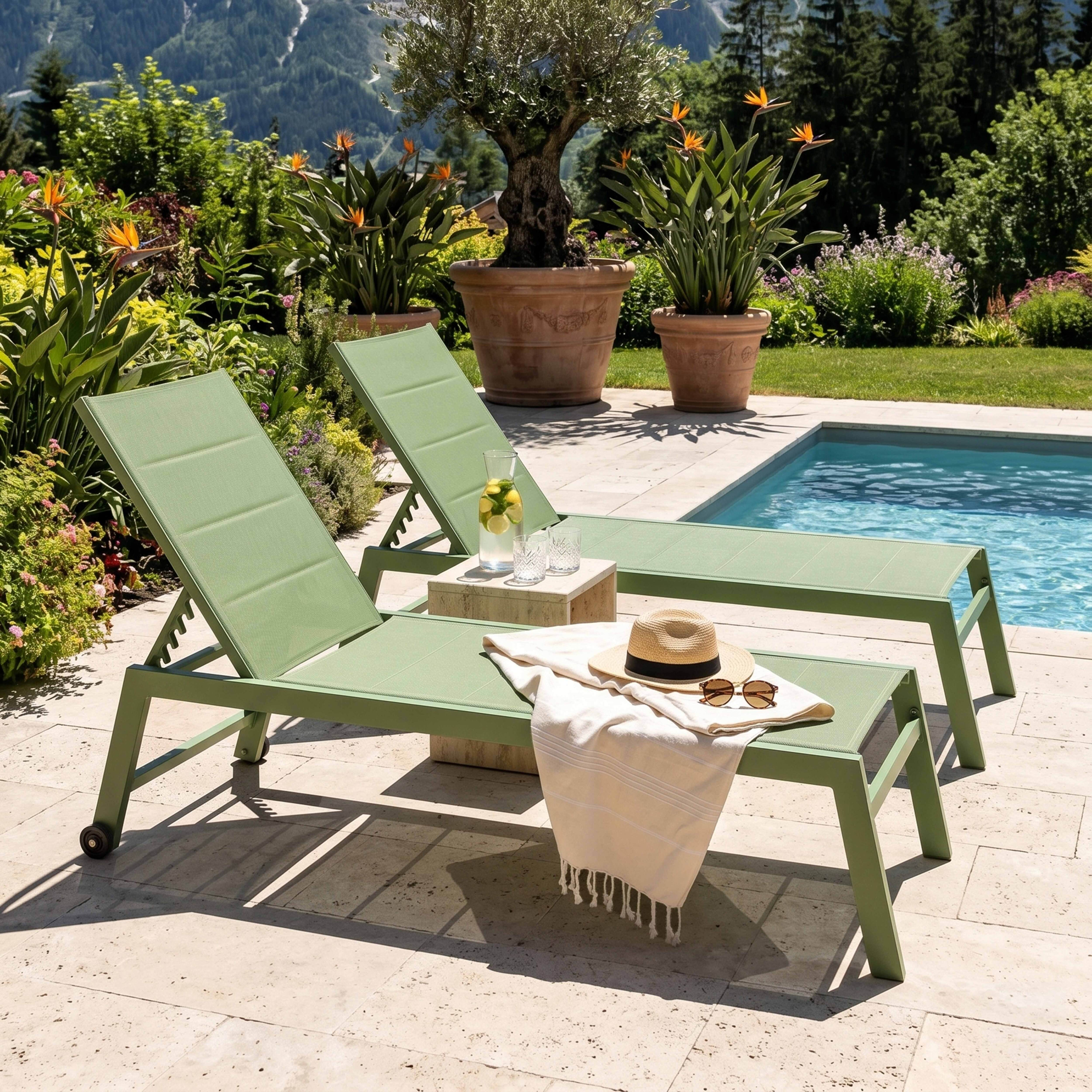 Zwei grüne Liegestühle am Pool mit Obst und Hut.