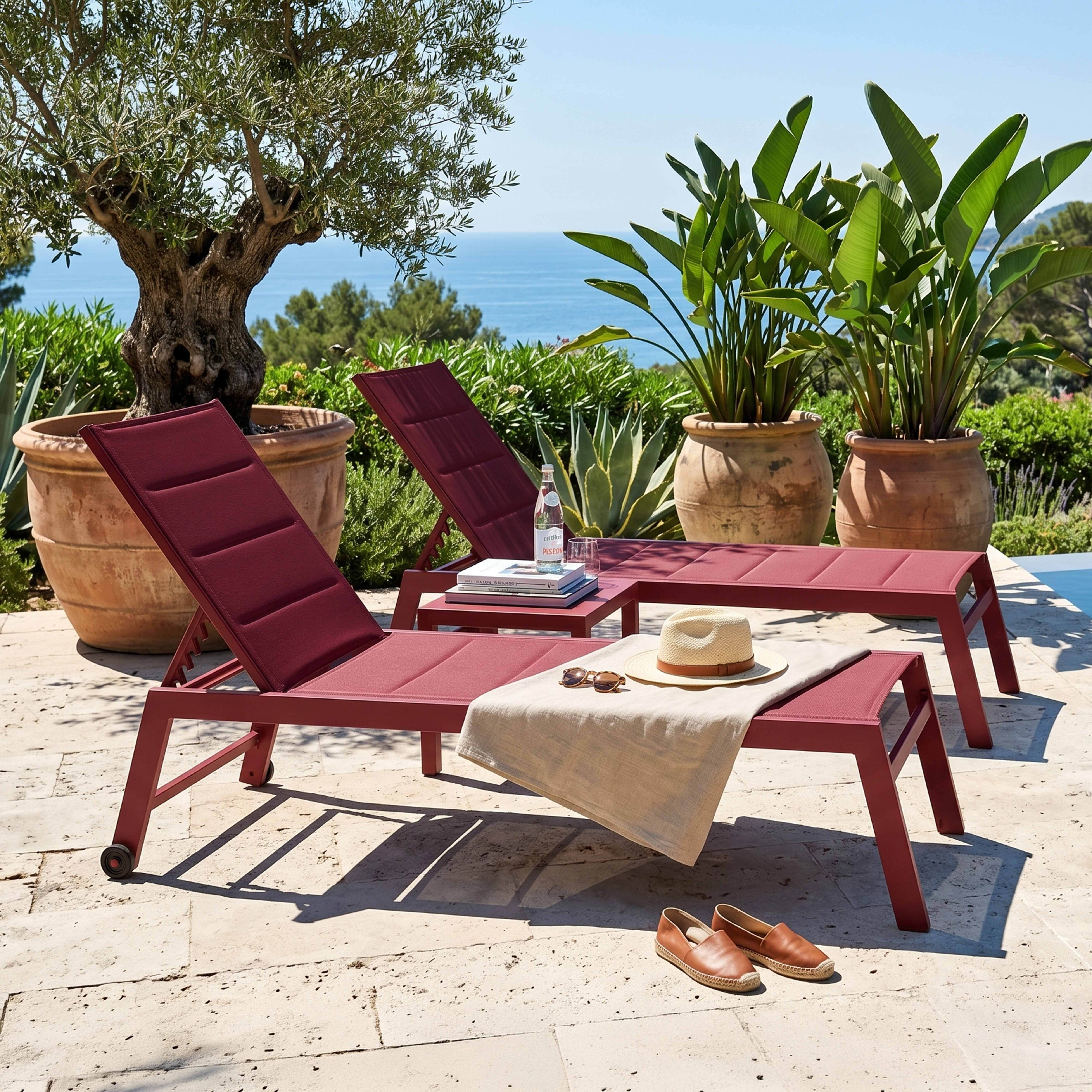 Zwei rote Liegestühle am Pool mit Blick aufs Meer. Ein Hut und Schuhe liegen daneben.
