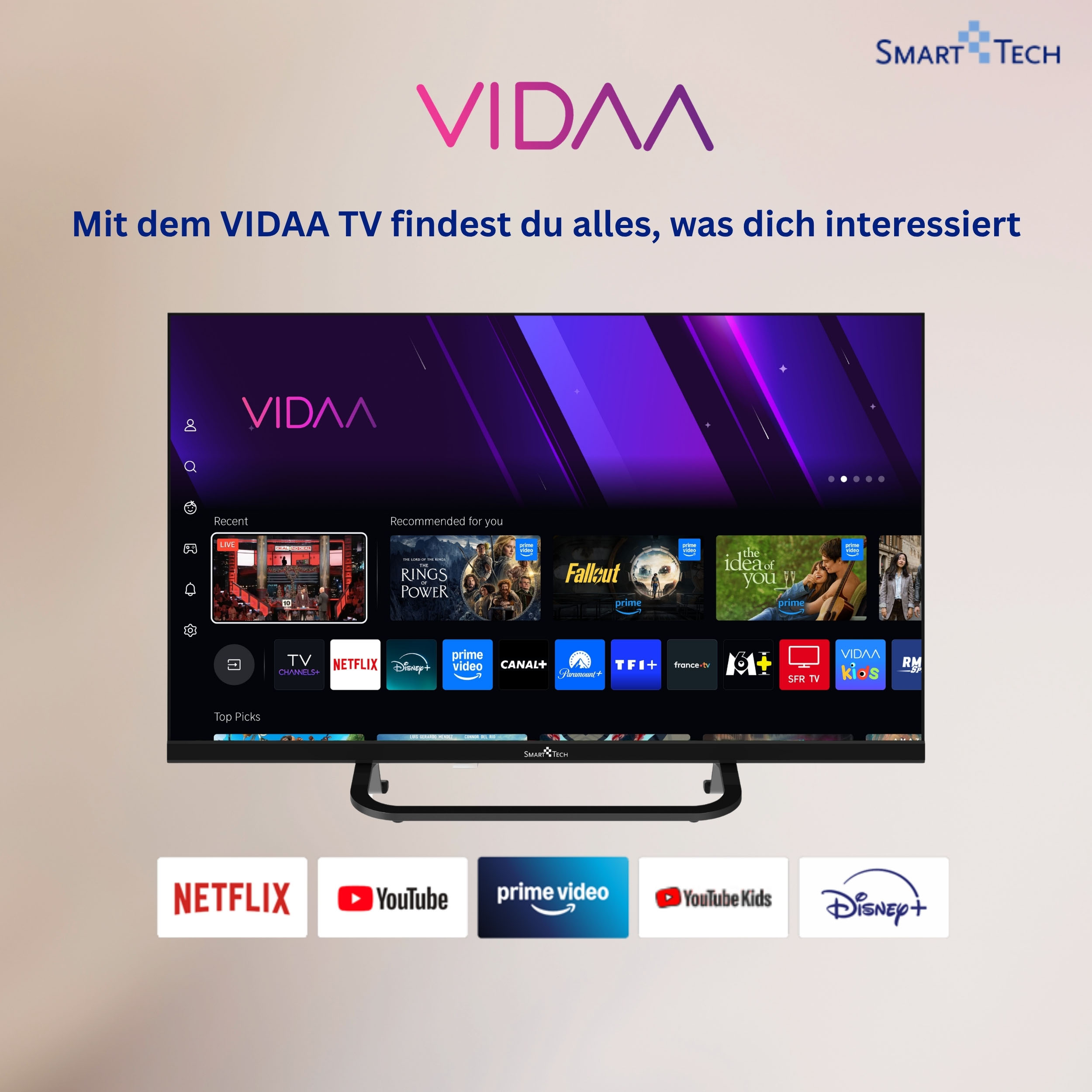 Un Smart TV VIDAA que muestra apps como Netflix, Prime Video y Disney+.