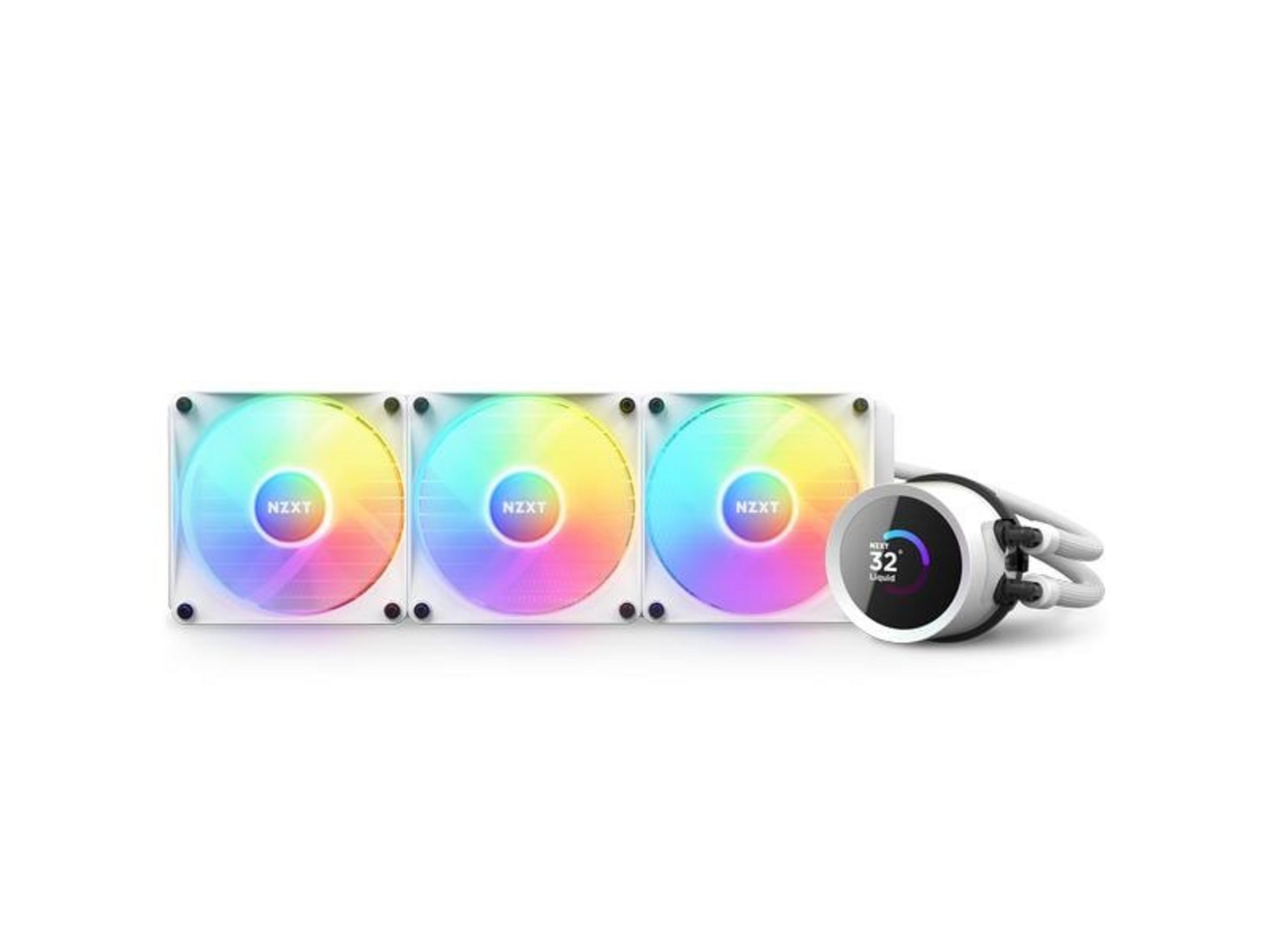 Tre ventole NZXT con illuminazione RGB e una pompa bianca con display digitale.