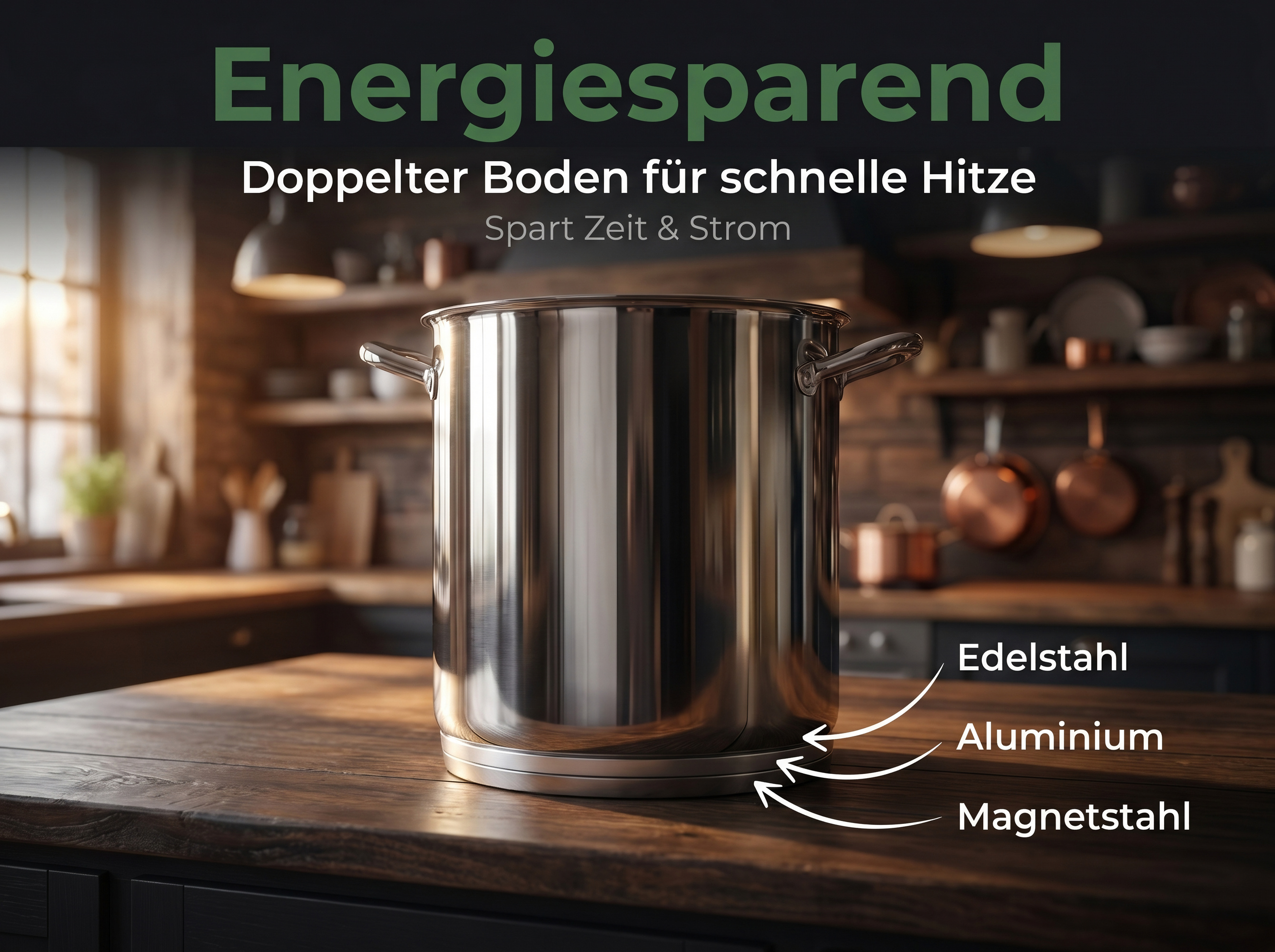 Ein Edelstahltopf mit mehrschichtigem Boden steht auf einem Holztisch in einer Küche.