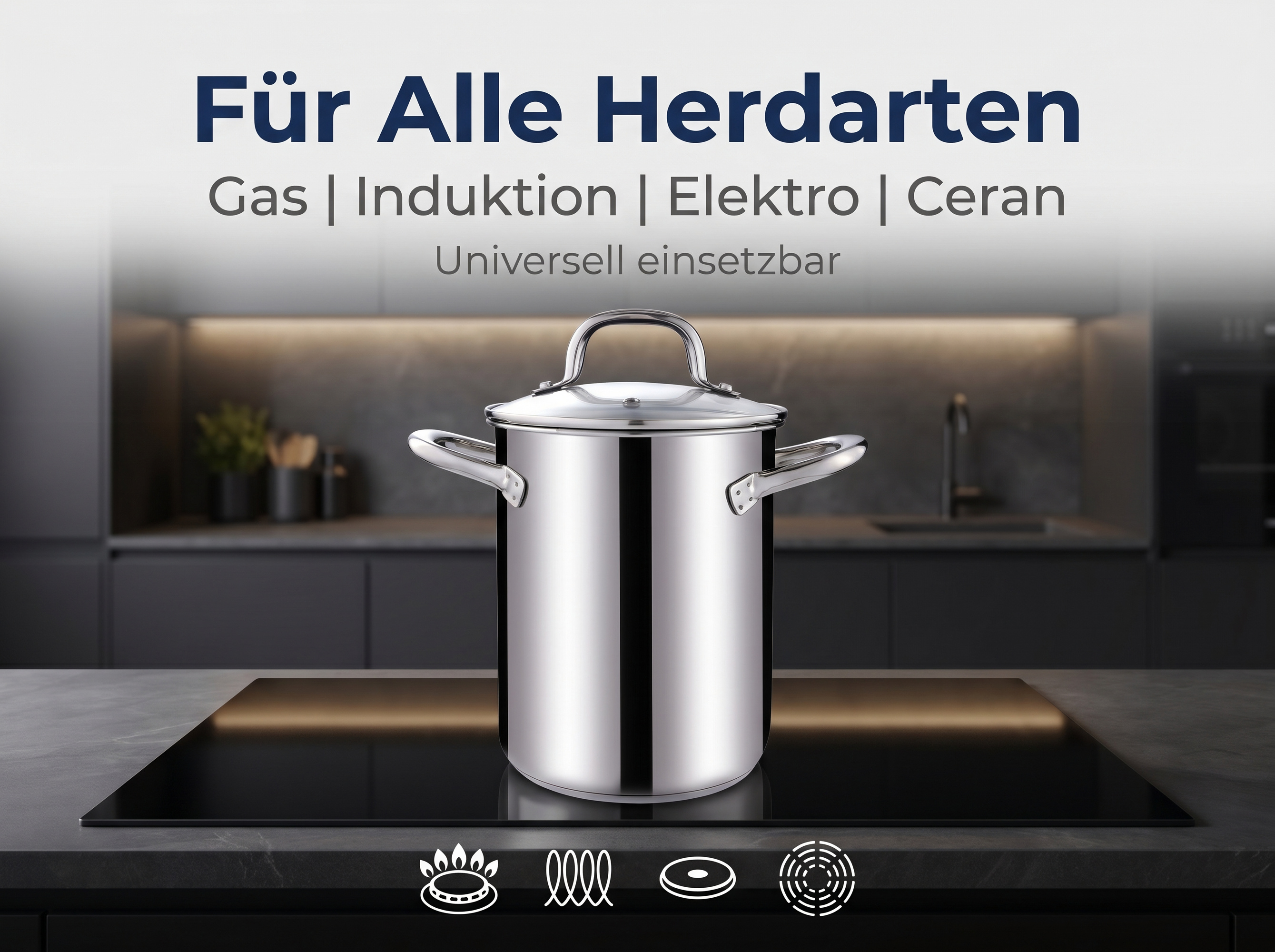 Ein glänzender Topf steht auf einem modernen Induktionskochfeld in einer schicken Küche.