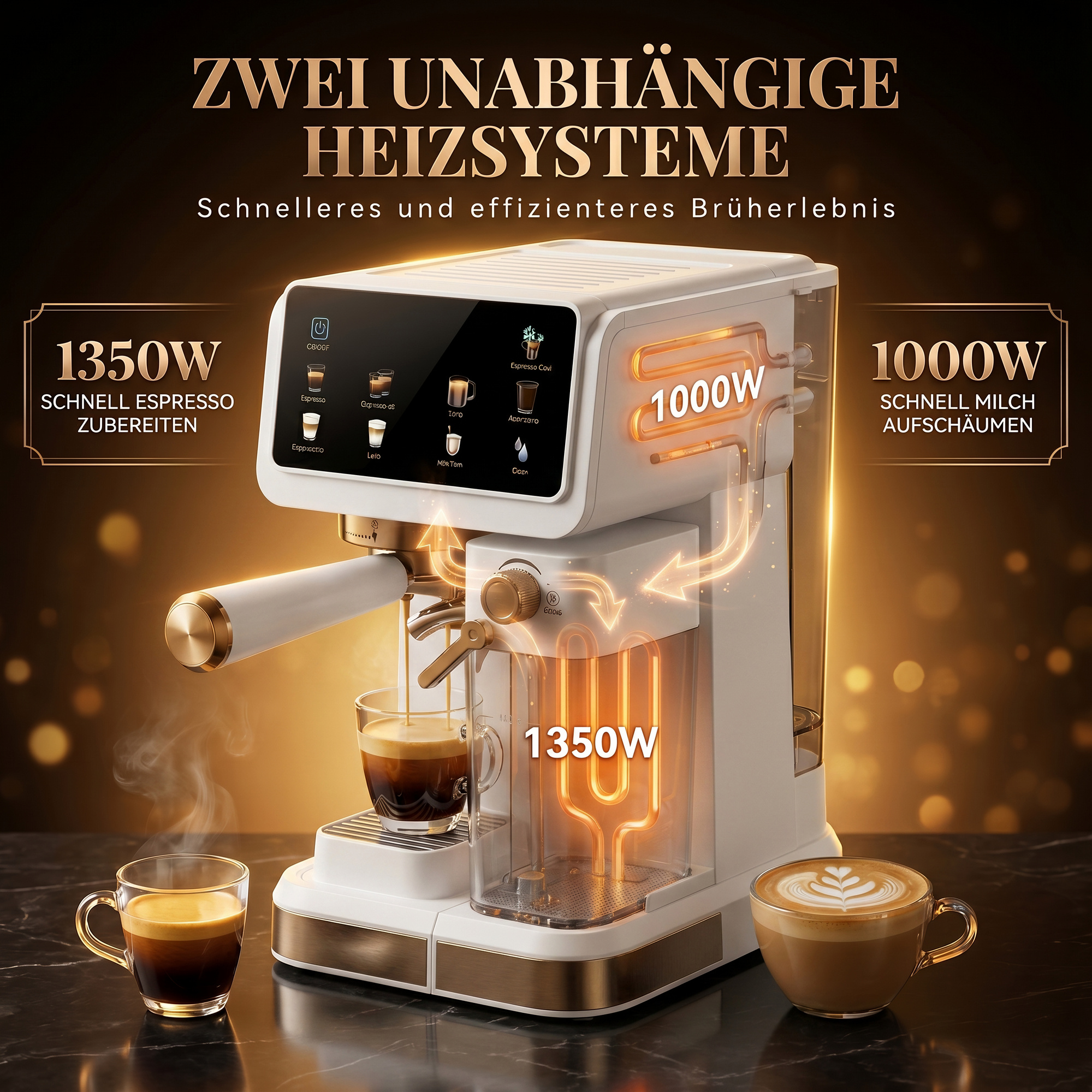Eine weiße Kaffeemaschine mit goldenen Akzenten, die Espresso und Milchschaum zubereitet.