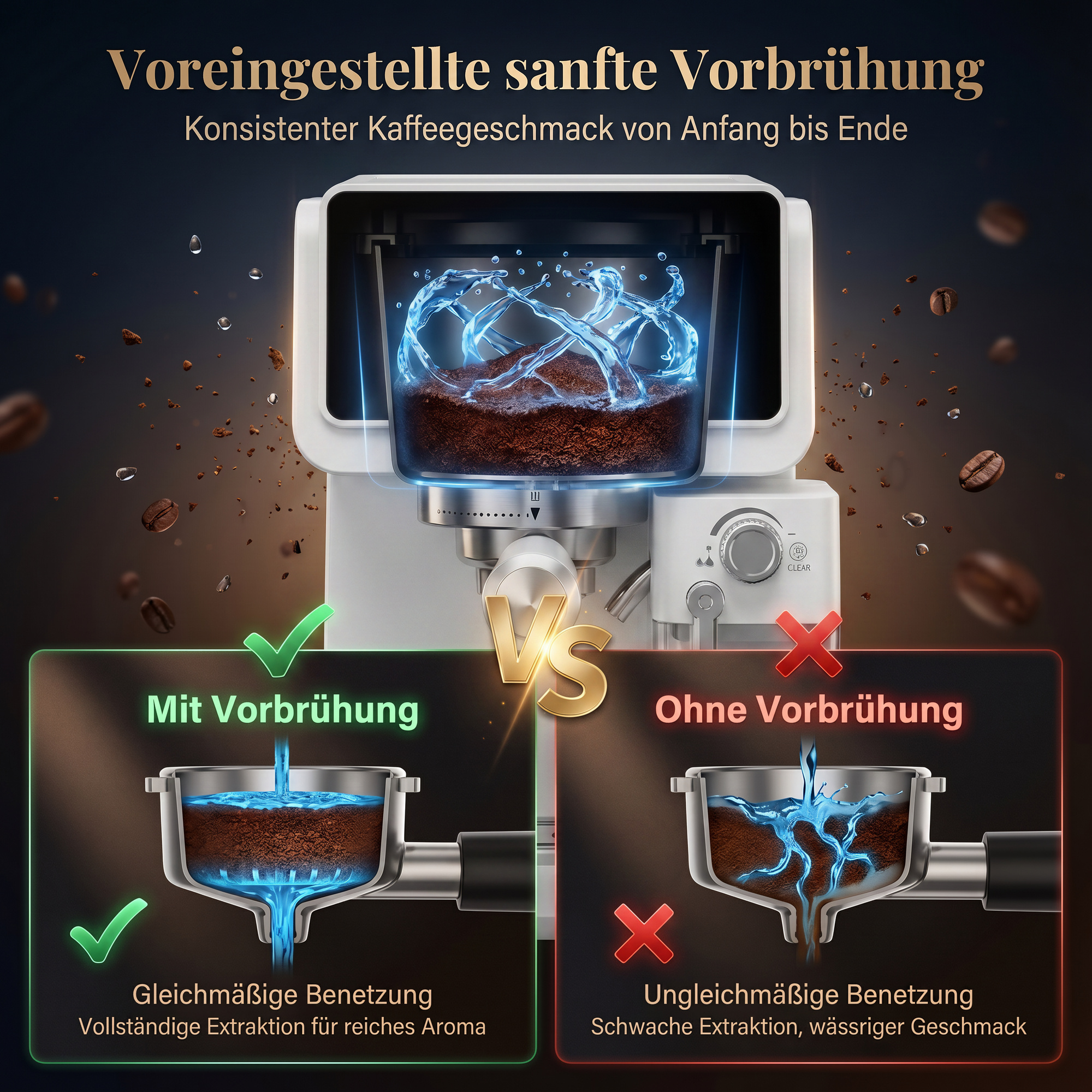 Kaffeemaschine zeigt Vorbrühung gegen ohne Vorbrühung, mit Wasserfluss-Animationen.