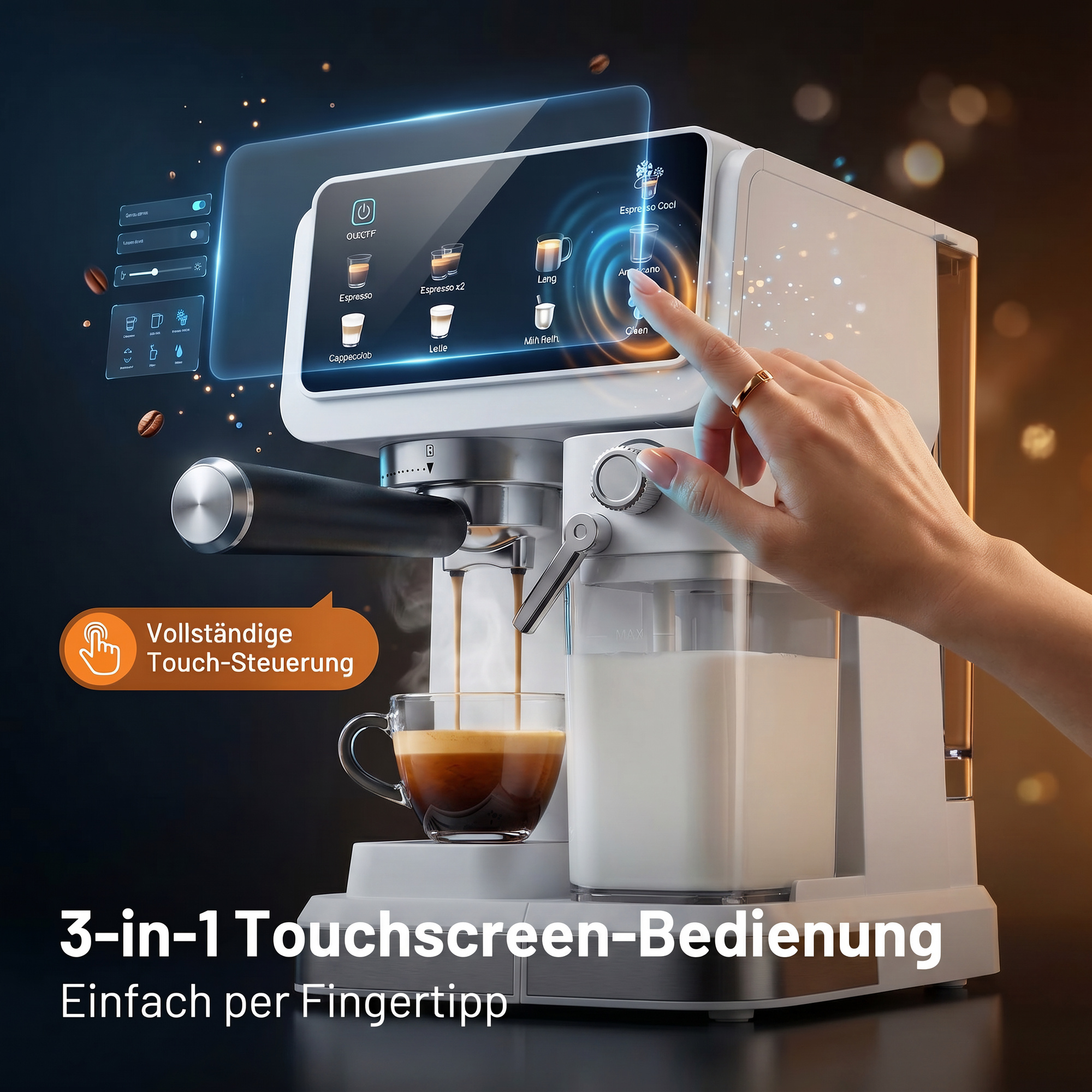 Eine weiße Kaffeemaschine mit Touchscreen, die Espresso zubereitet.