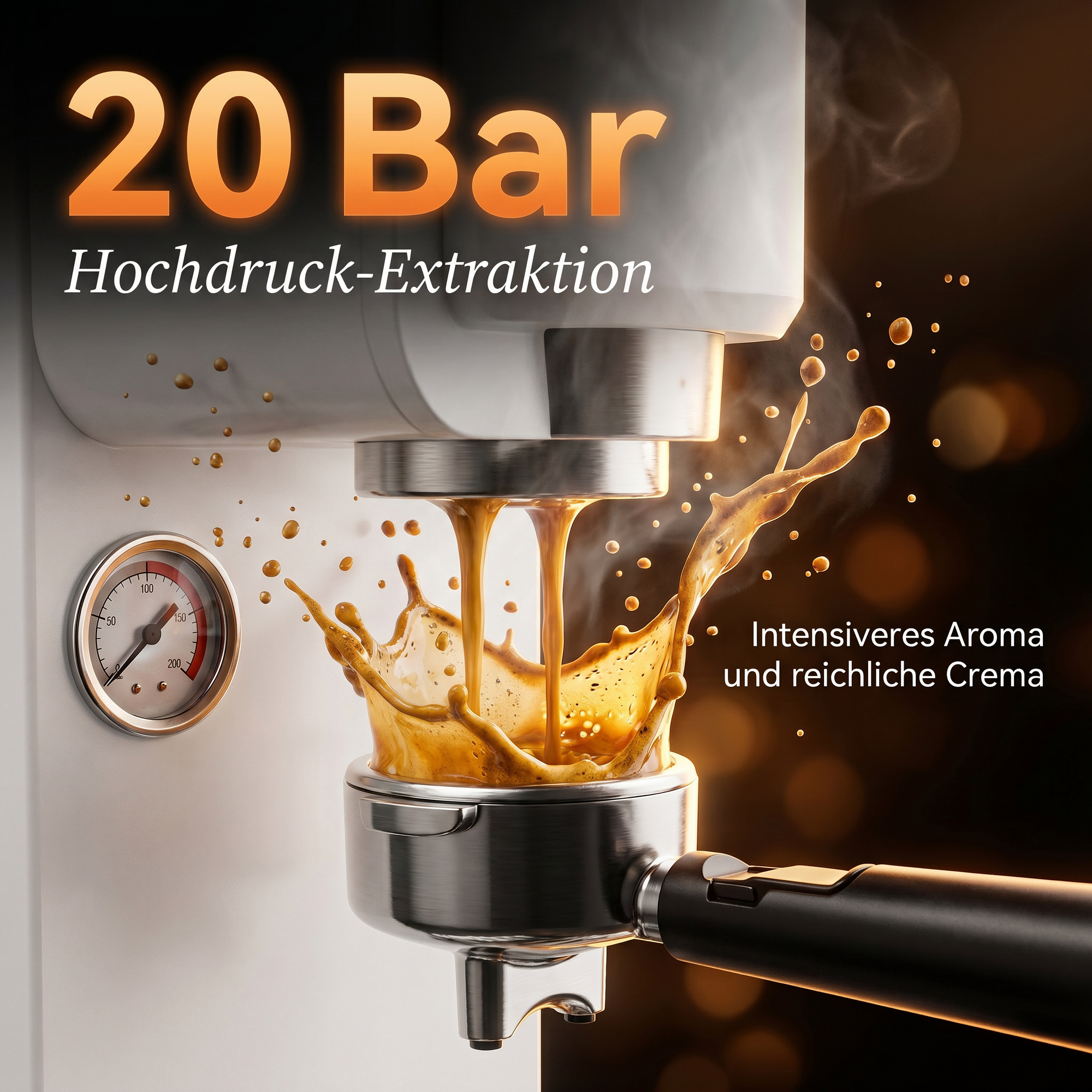 Espressomaschine mit 20 Bar Extraktion und Kaffeespritzern.