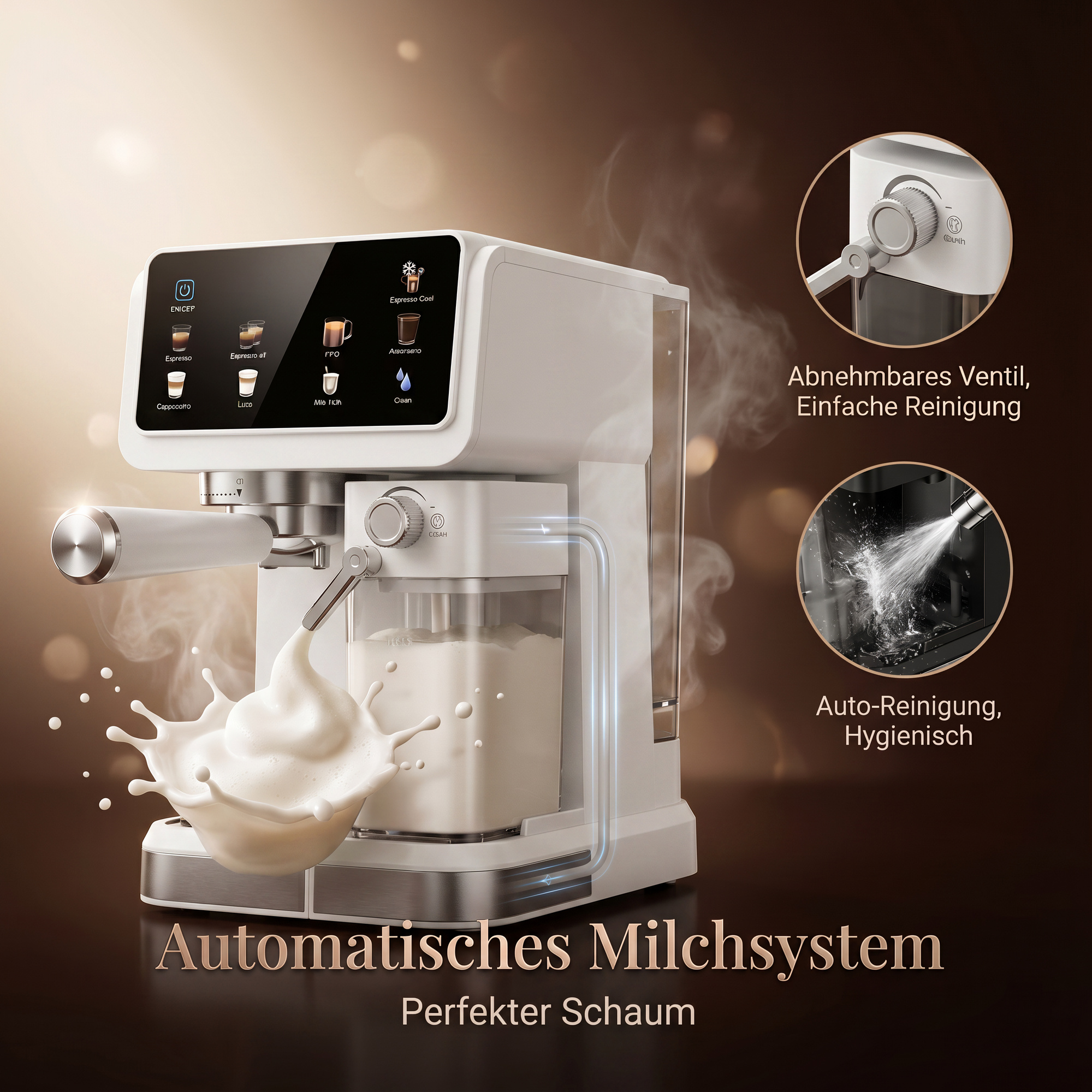 Eine weiße Kaffeemaschine mit Milchaufschäumer und Touchscreen.
