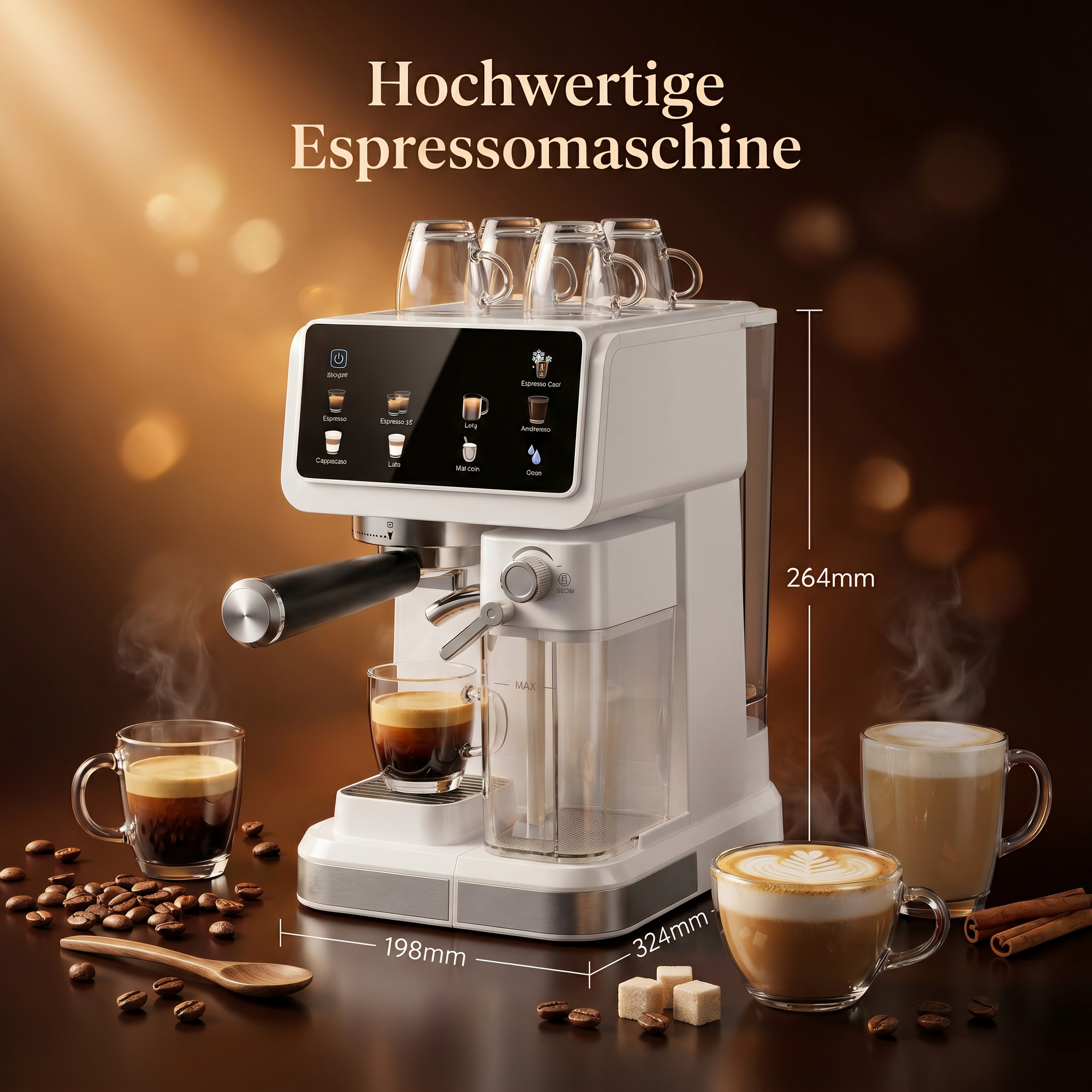 Eine weiße Espressomaschine mit Tassen, Kaffee und Kaffeebohnen.