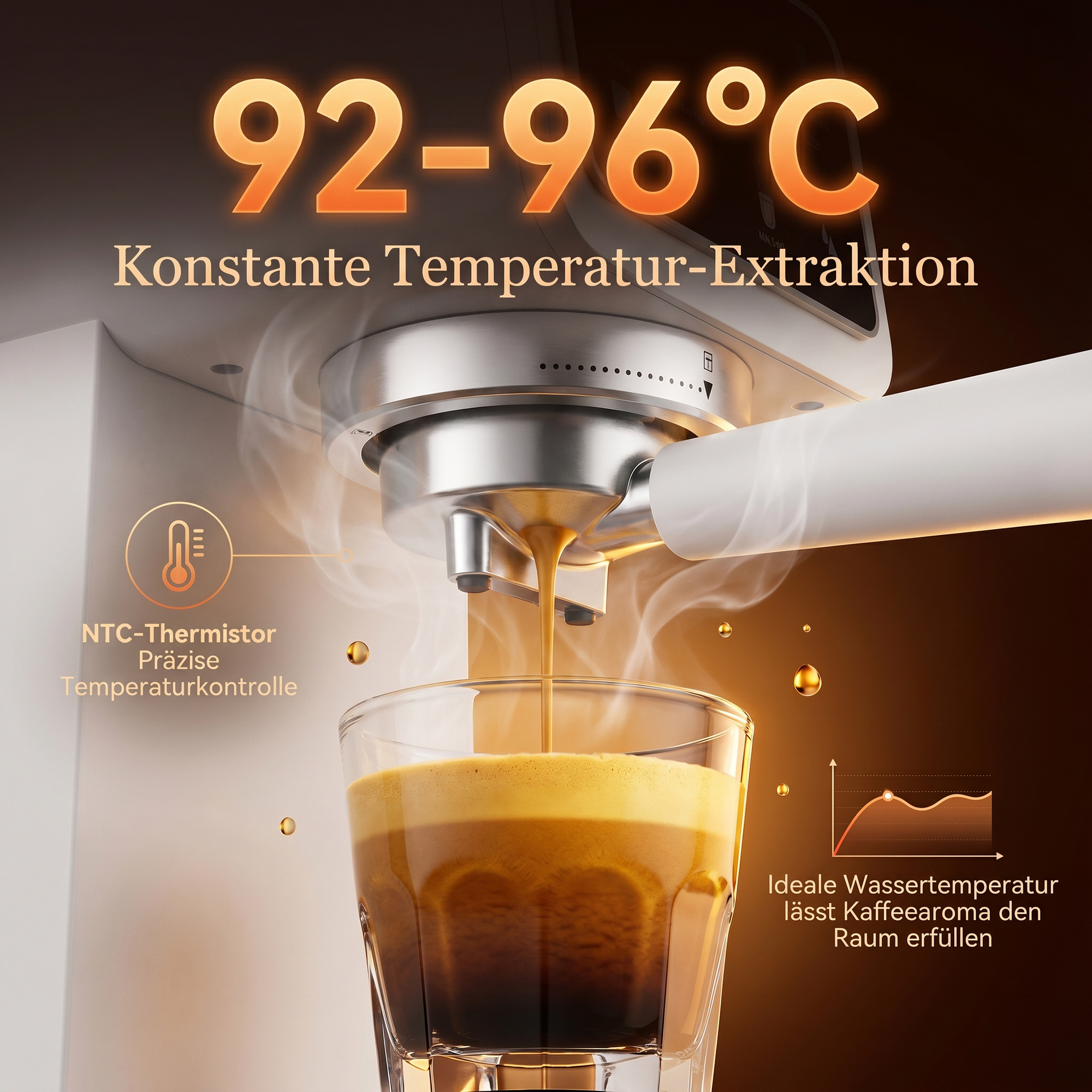 Eine Espressomaschine extrahiert Kaffee in eine Tasse bei 92-96°C.
