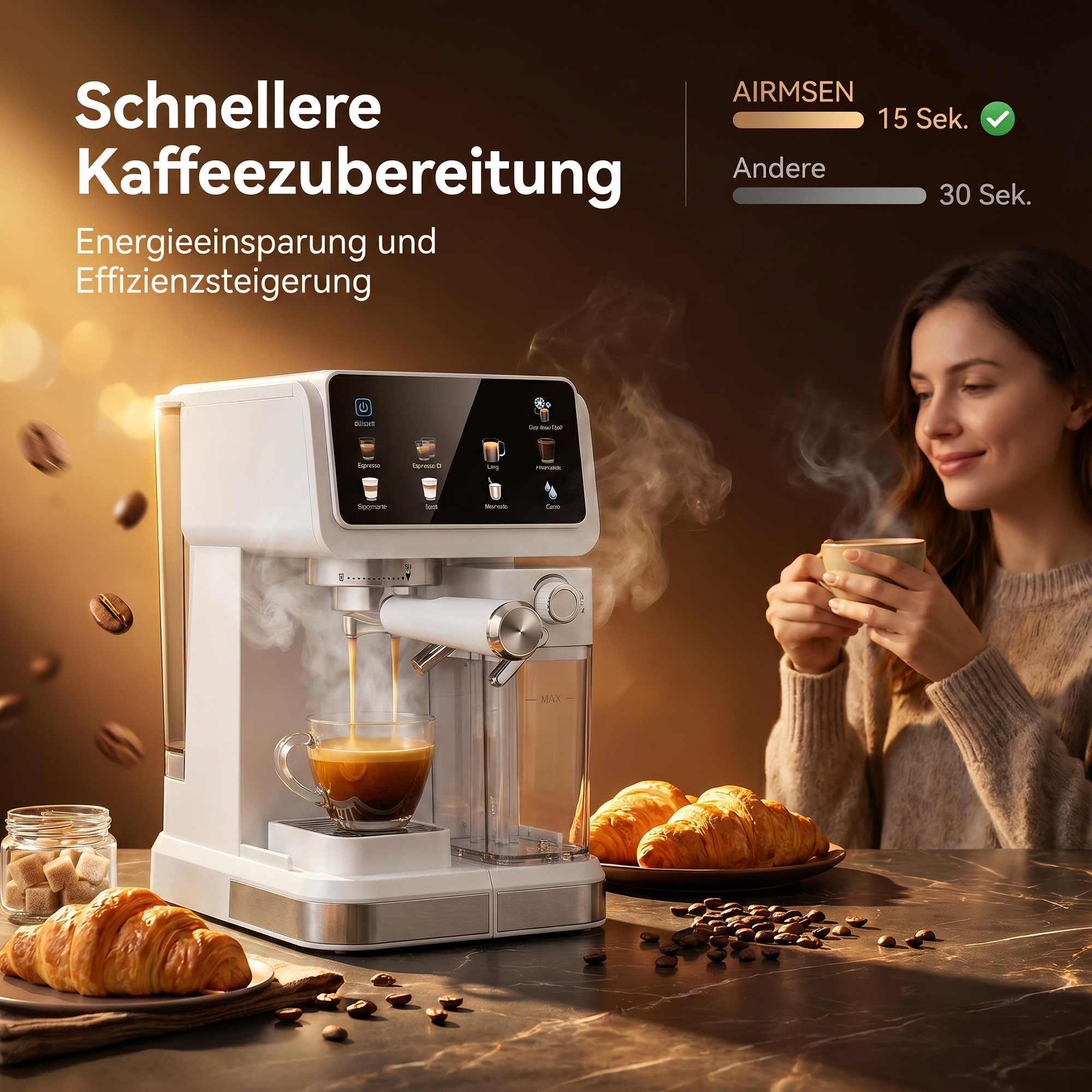 Eine weiße Kaffeemaschine brüht Espresso in eine Glastasse, daneben Croissants.