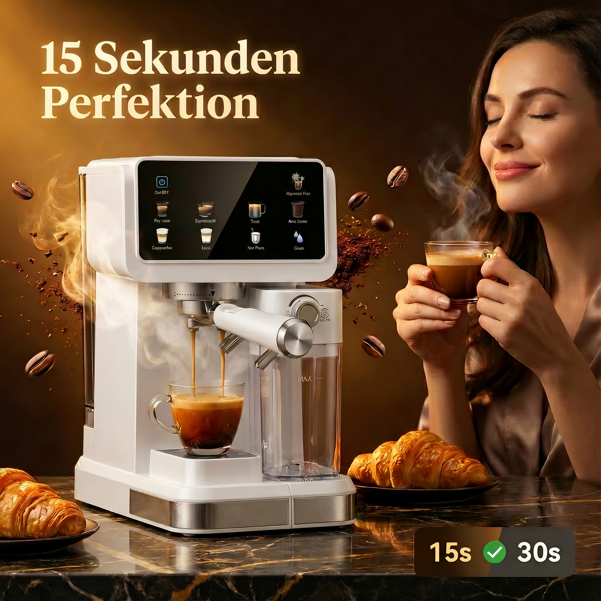 Eine Frau genießt Kaffee neben einer Espressomaschine mit Croissants.