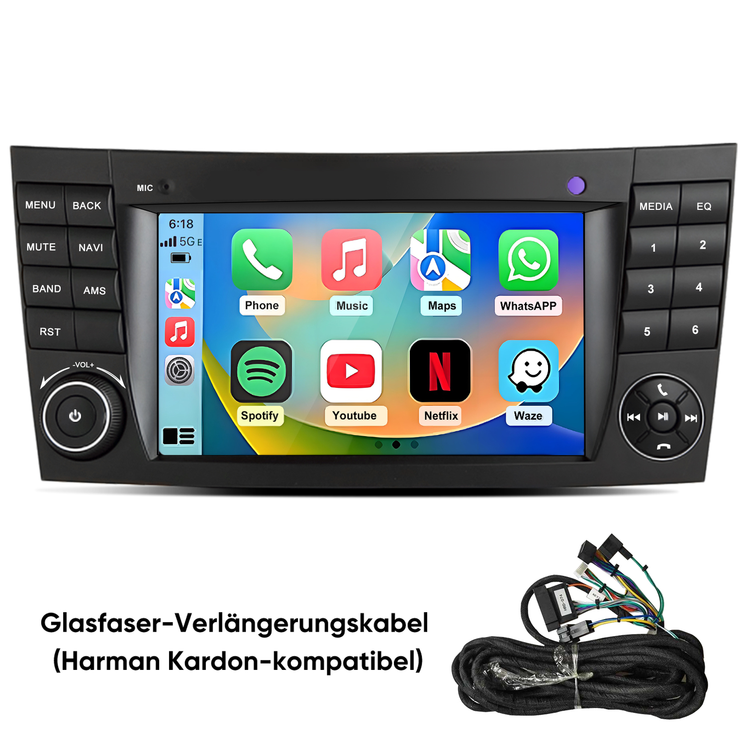 Ein Autoradio-Touchscreen mit vielen App-Symbolen und darunter ein Kabelbaum.