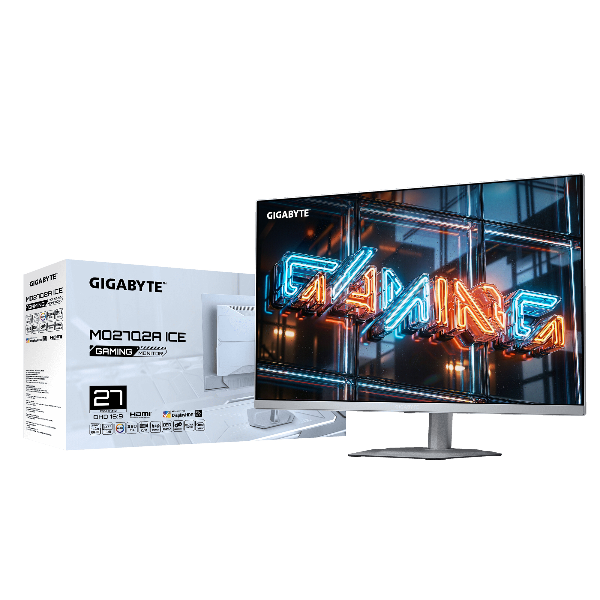 GIGABYTE Gaming Monitor with neon text and packaging. Silver stand.