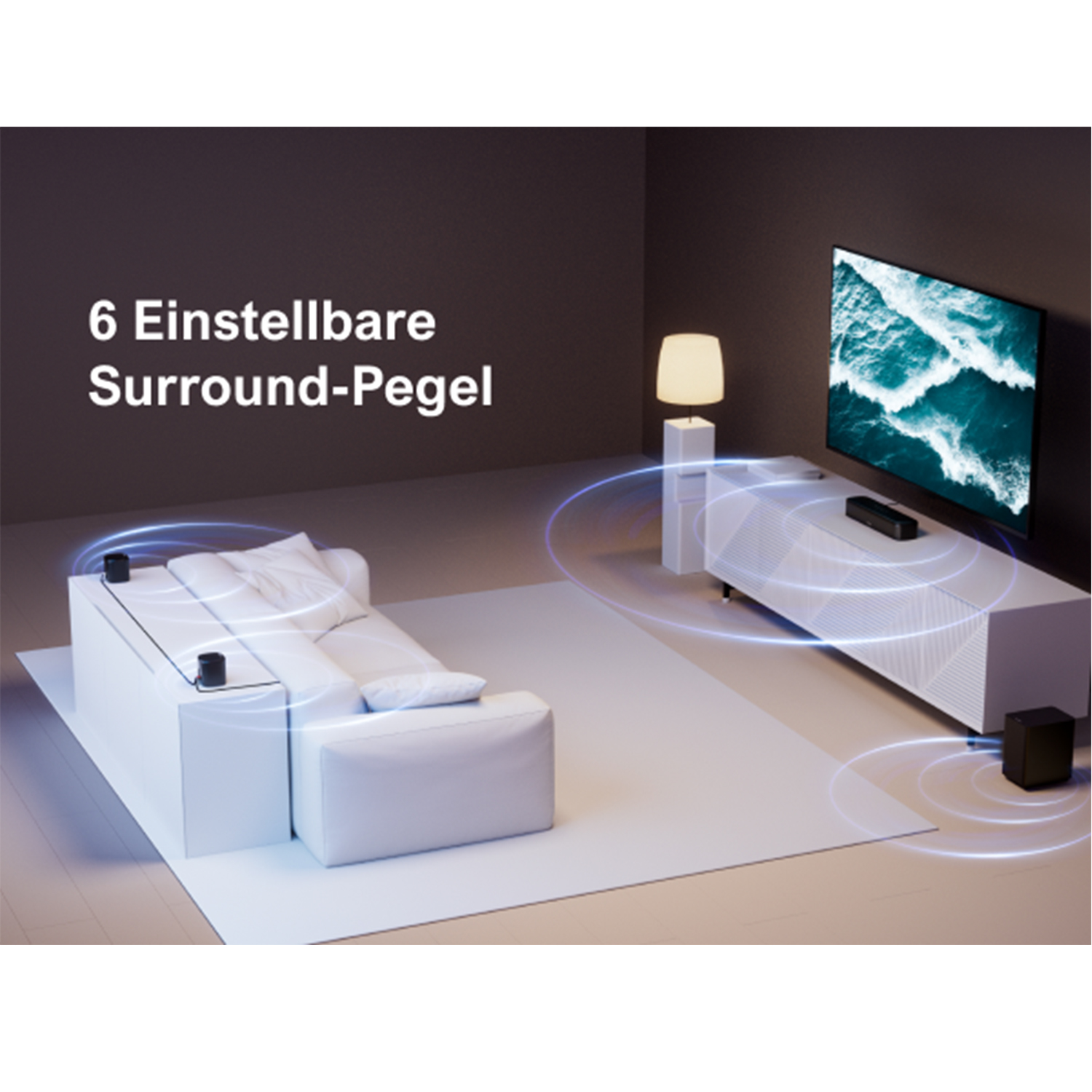 Ein Wohnzimmer mit Sofa, TV, Lampe und Lautsprechern, 6 einstellbare Surround-Pegel.