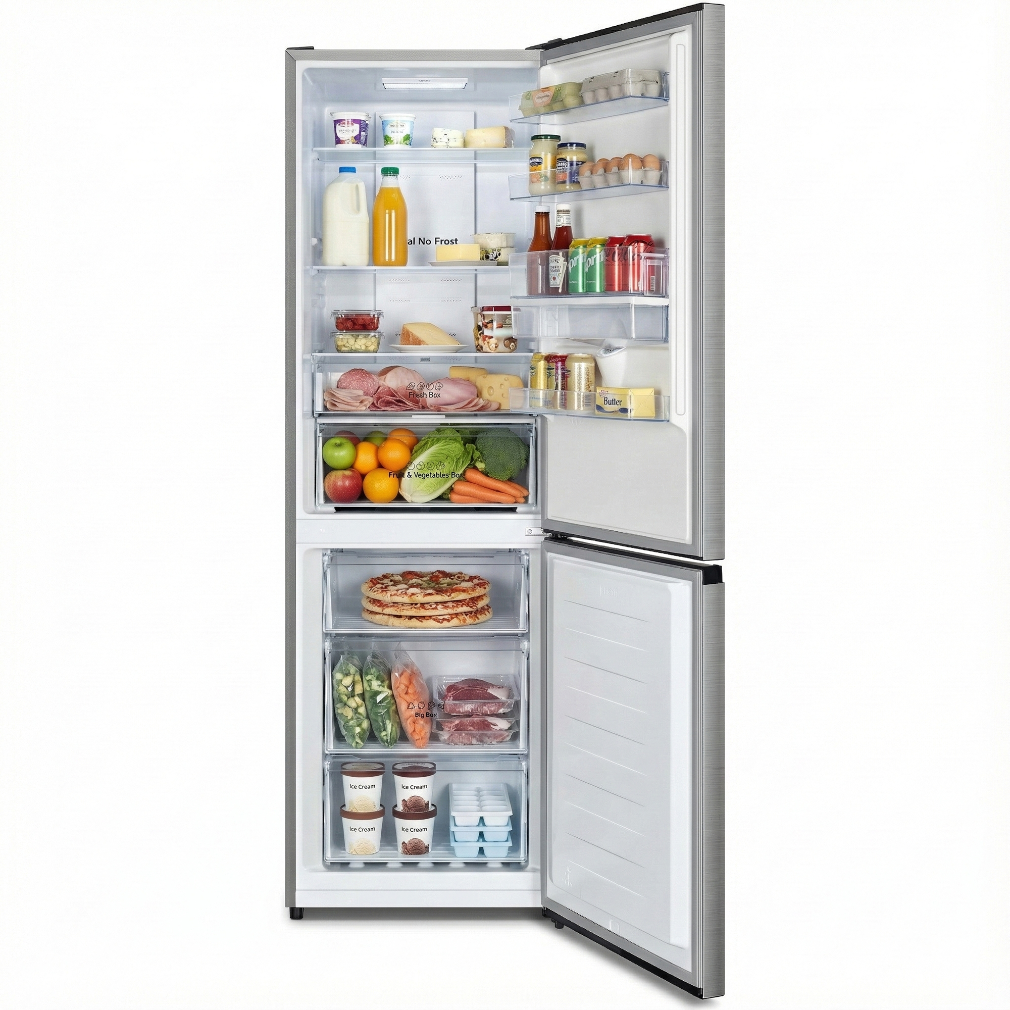 An open refrigerator stocked with food items like milk, eggs, fruits, vegetables, and pizza.