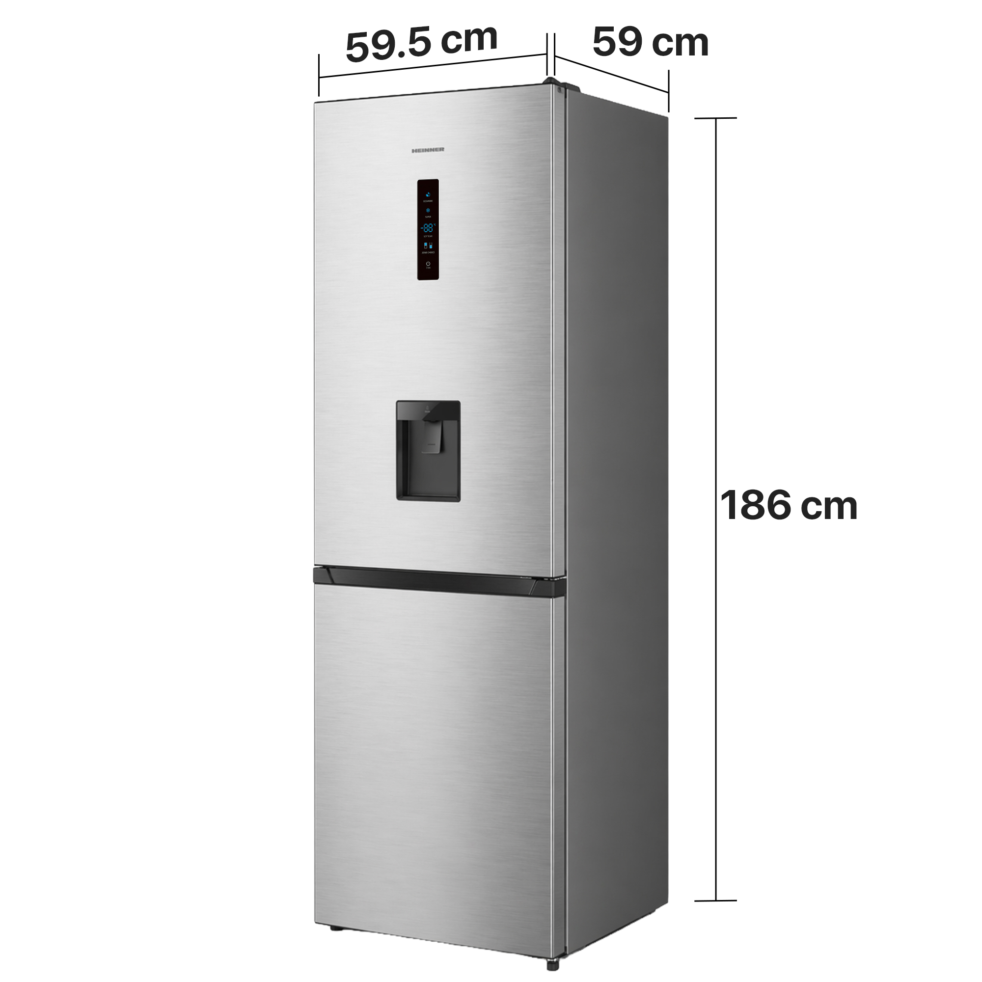 A silver refrigerator with a water dispenser and digital dimensions.