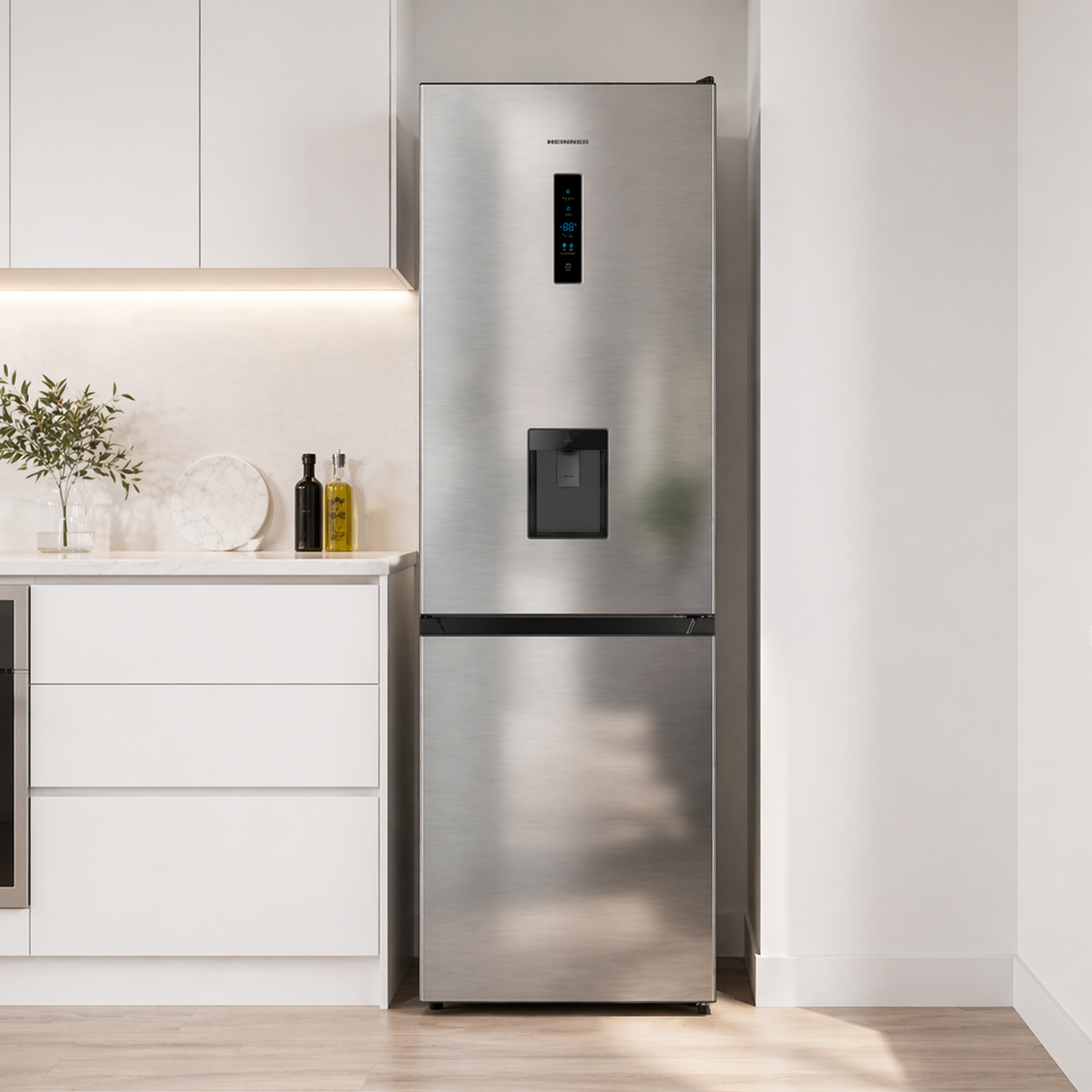 Modern refrigerator with water dispenser in a kitchen next to white cabinets.