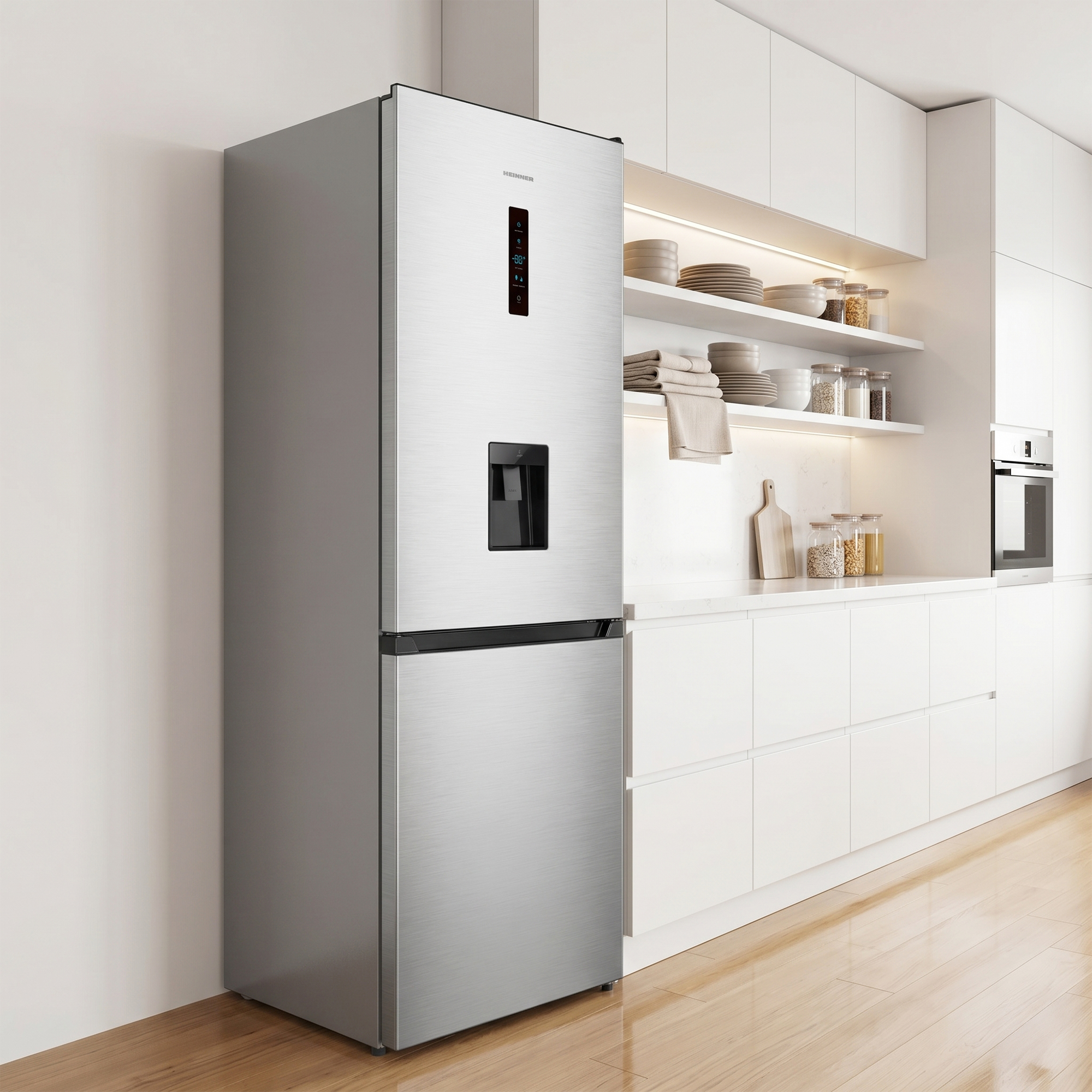 A silver refrigerator with a water dispenser stands in a modern kitchen.