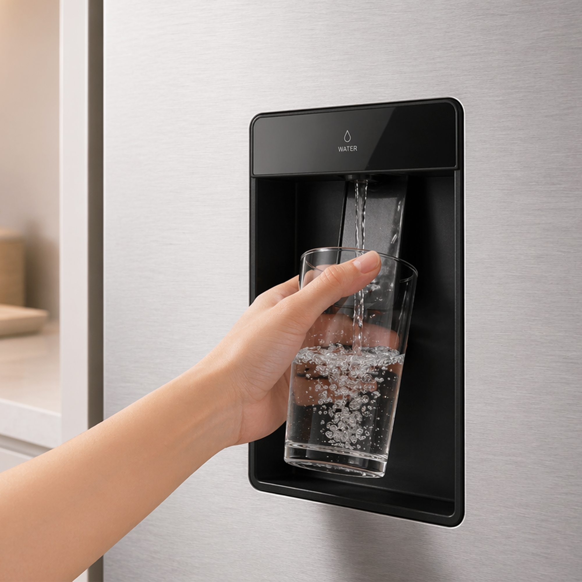 Hand filling a glass with water from a refrigerator water dispenser.