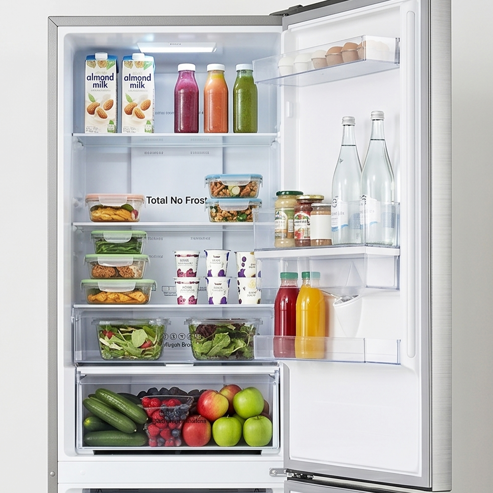 An open refrigerator filled with food, including milk, juices, fruits, vegetables, and eggs.