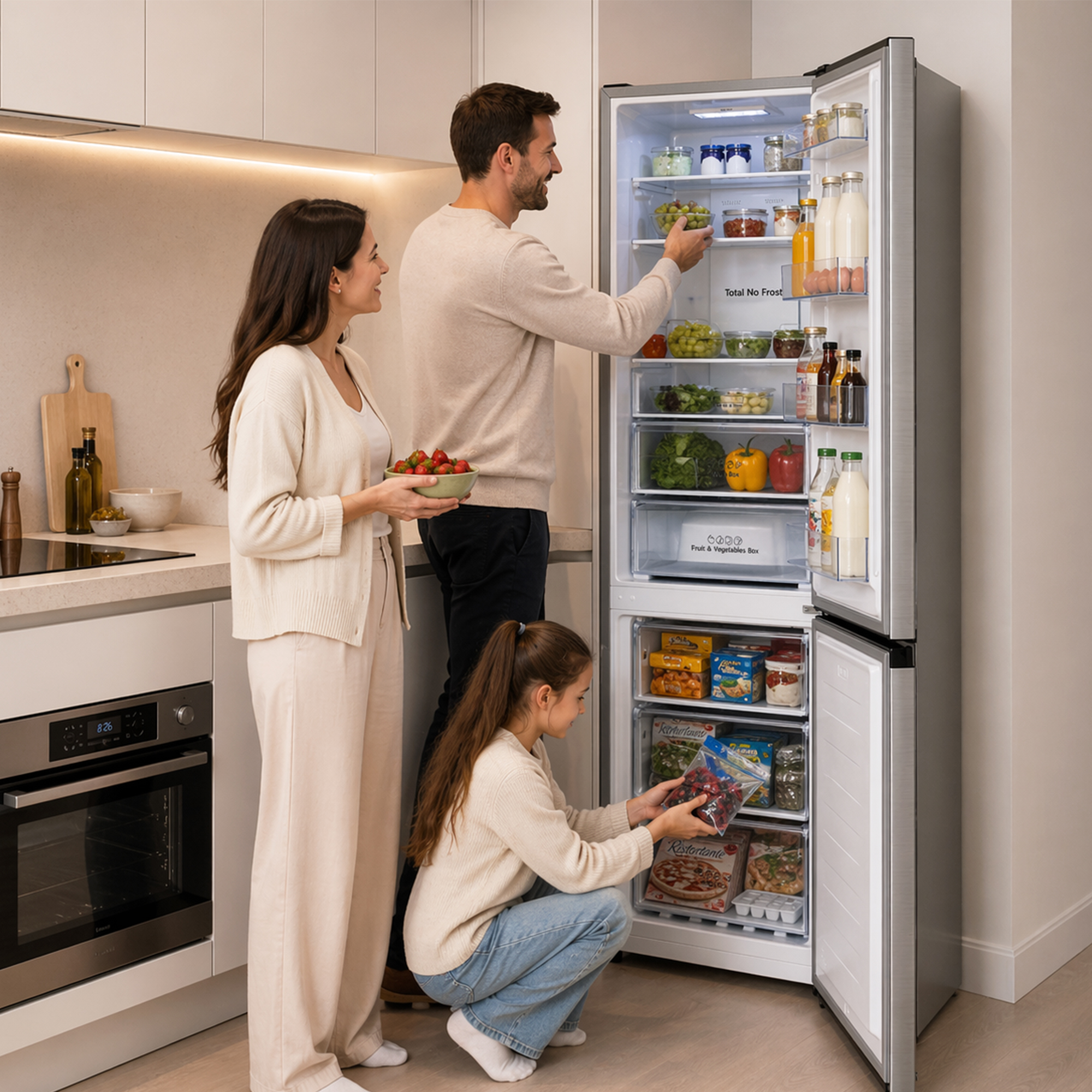 Family opening a refrigerator door with food and fruit.