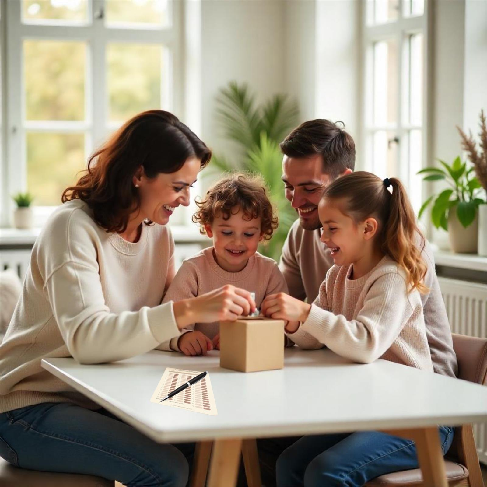 Familie öffnet eine Schachtel, ein Kind hält einen Stift auf einem Farbfeld.