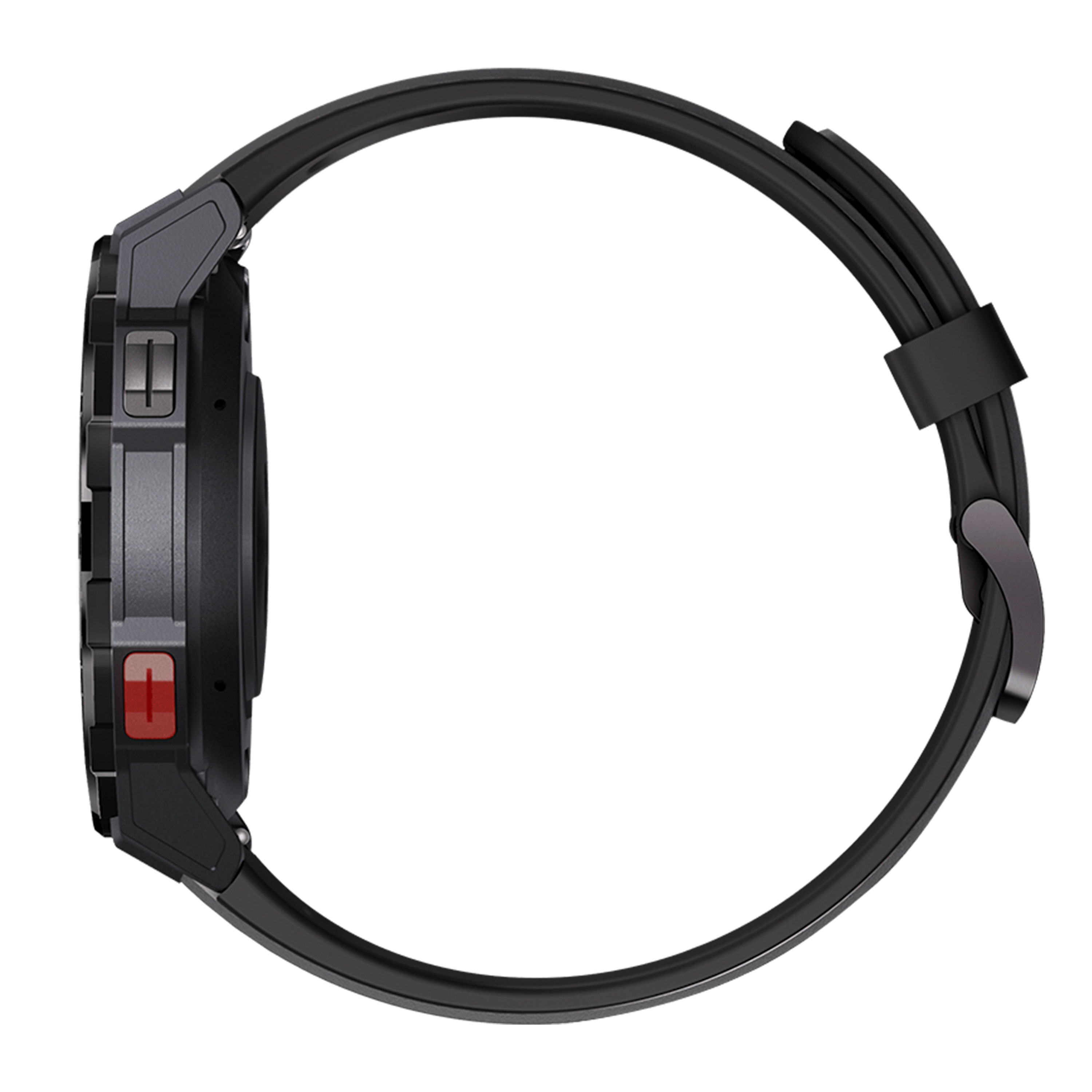 Reloj inteligente negro con correa en perfil lateral sobre fondo blanco.
