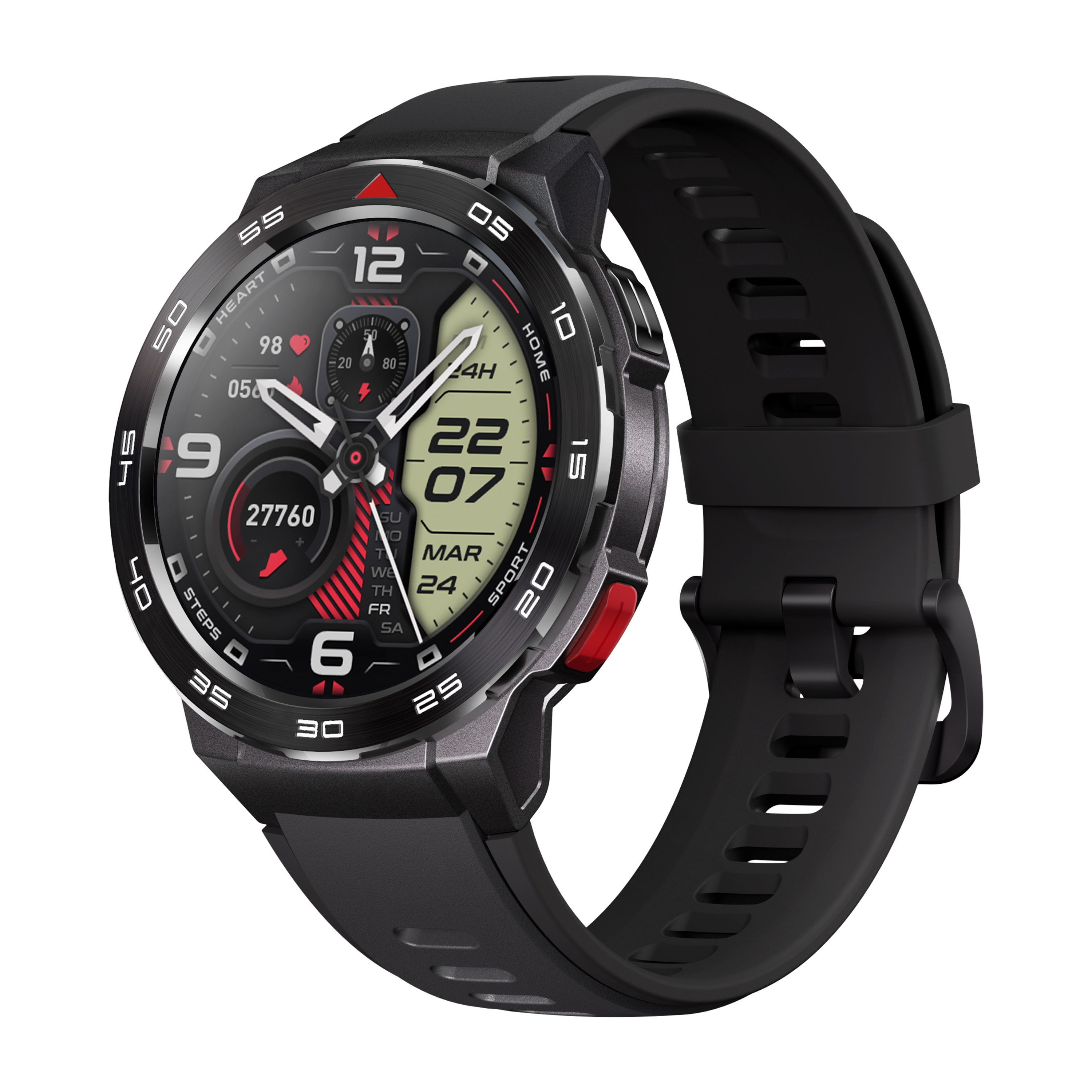 Reloj inteligente negro con dial redondo, números blancos y acentos rojos.