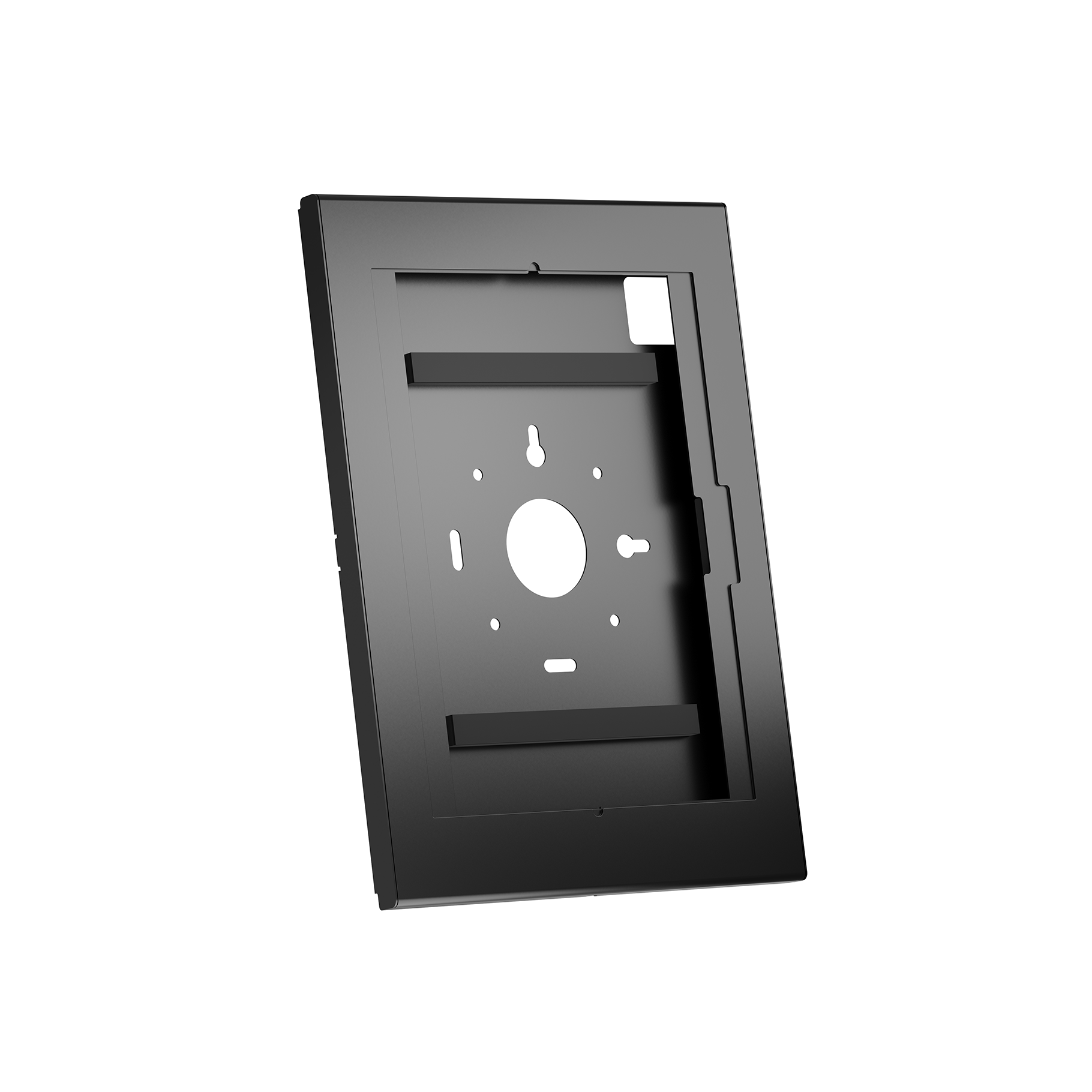Un support mural noir pour tablette ou écran, isolé sur fond blanc.