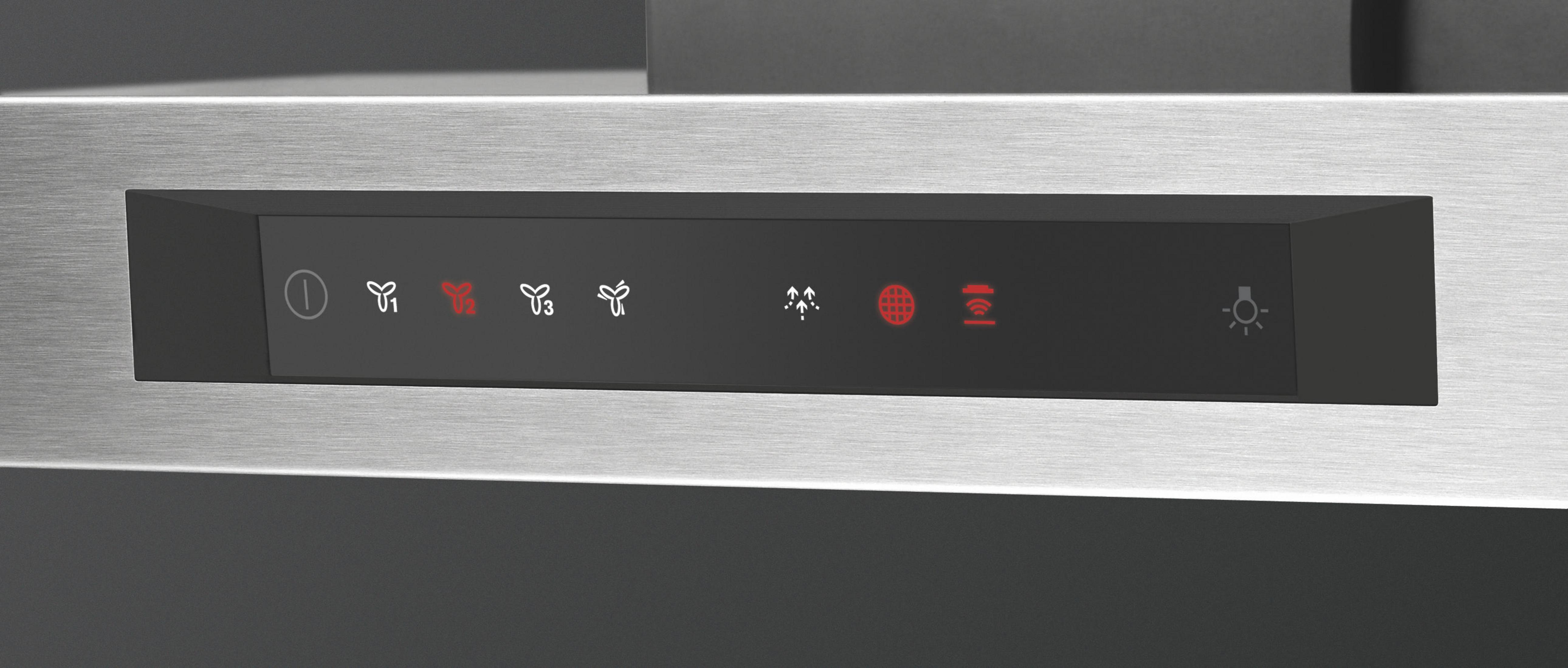 Panel de control con iconos de encendido, velocidades del ventilador, extracción, red y luz.