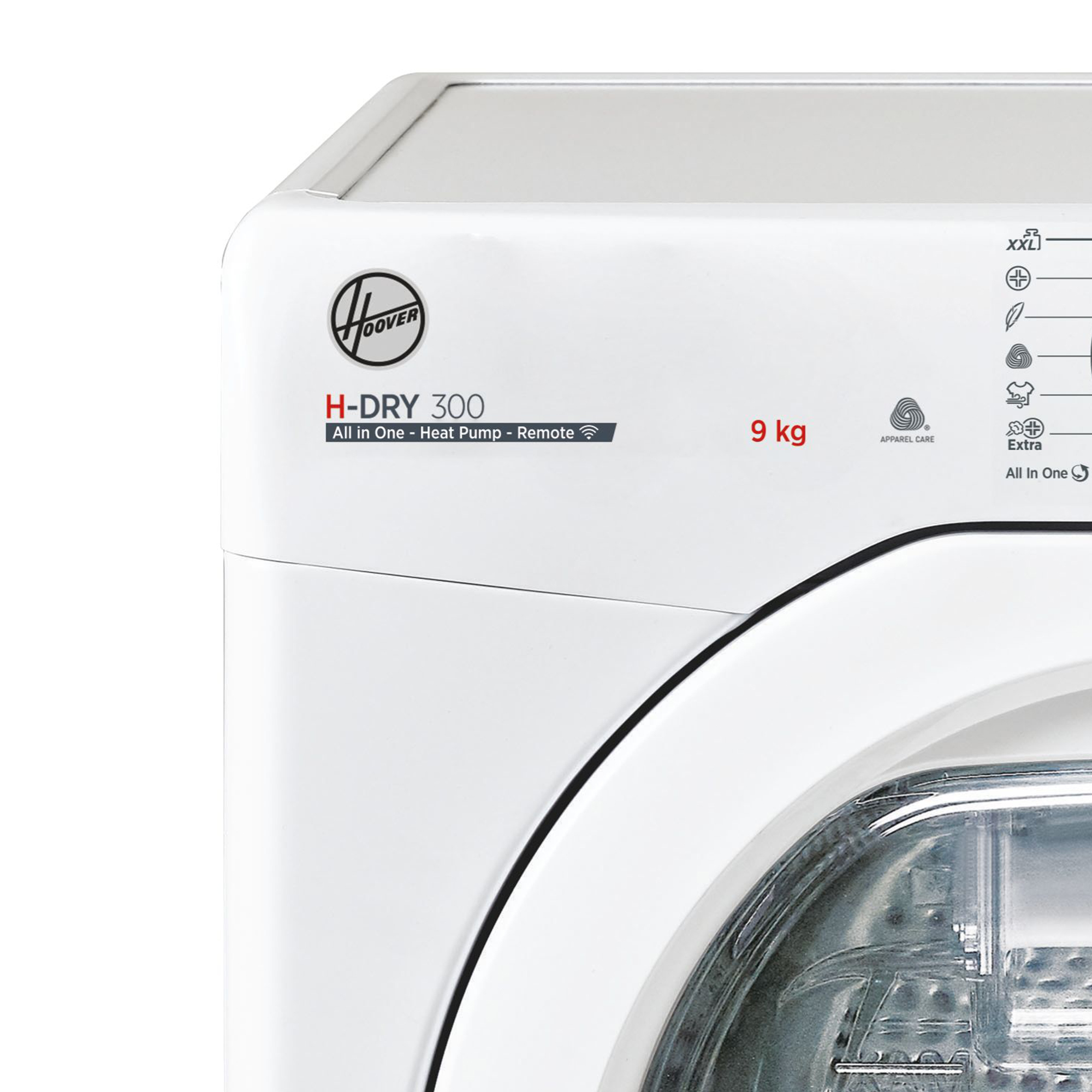 Parte anteriore asciugatrice Hoover bianca con etichetta "H-DRY 300" e "9 kg".
