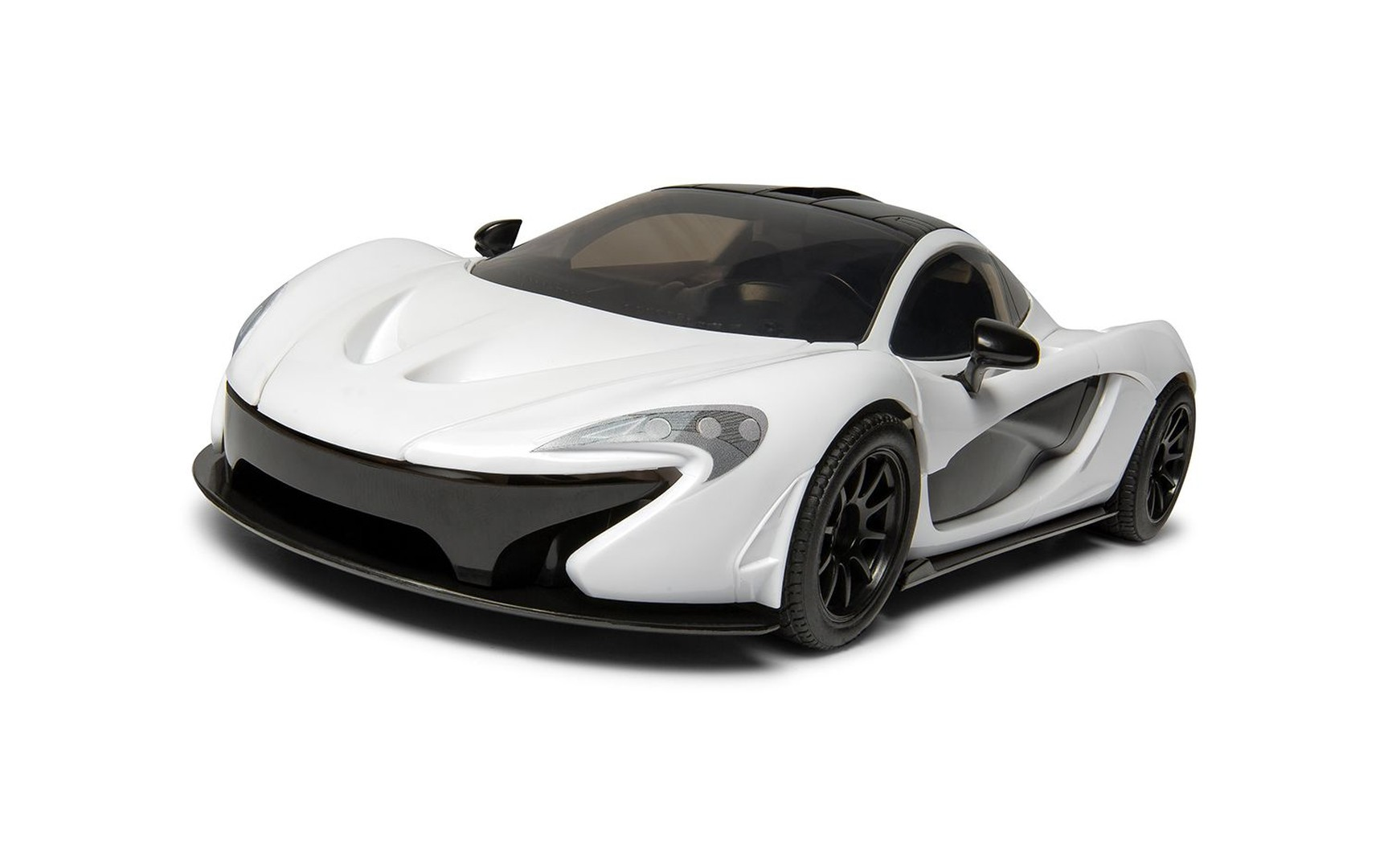Biały samochodzik McLaren P1 z czarnymi detalami i przyciemnianymi szybami, na białym tle.