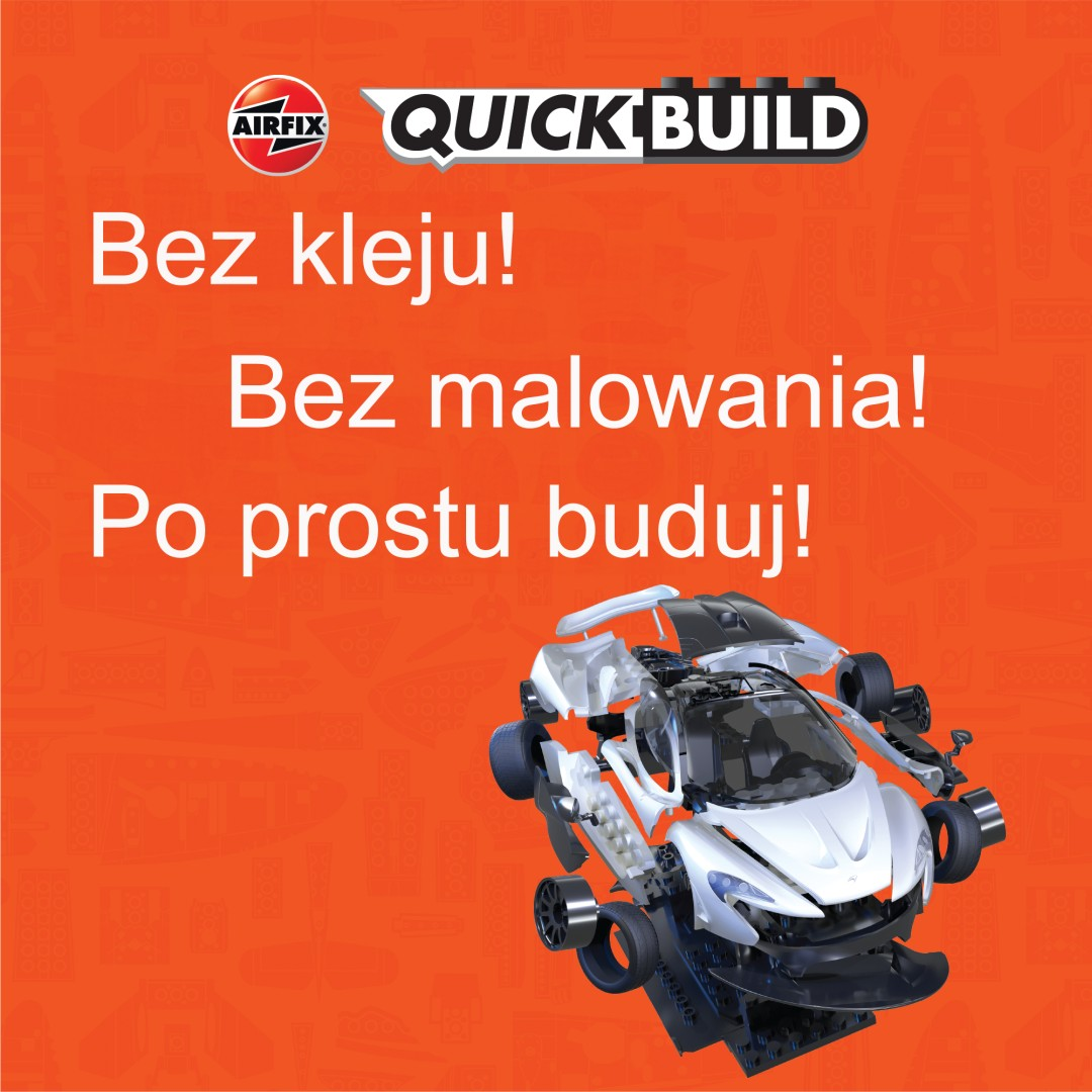 Biały model samochodu Airfix Quick Build z tekstem.
