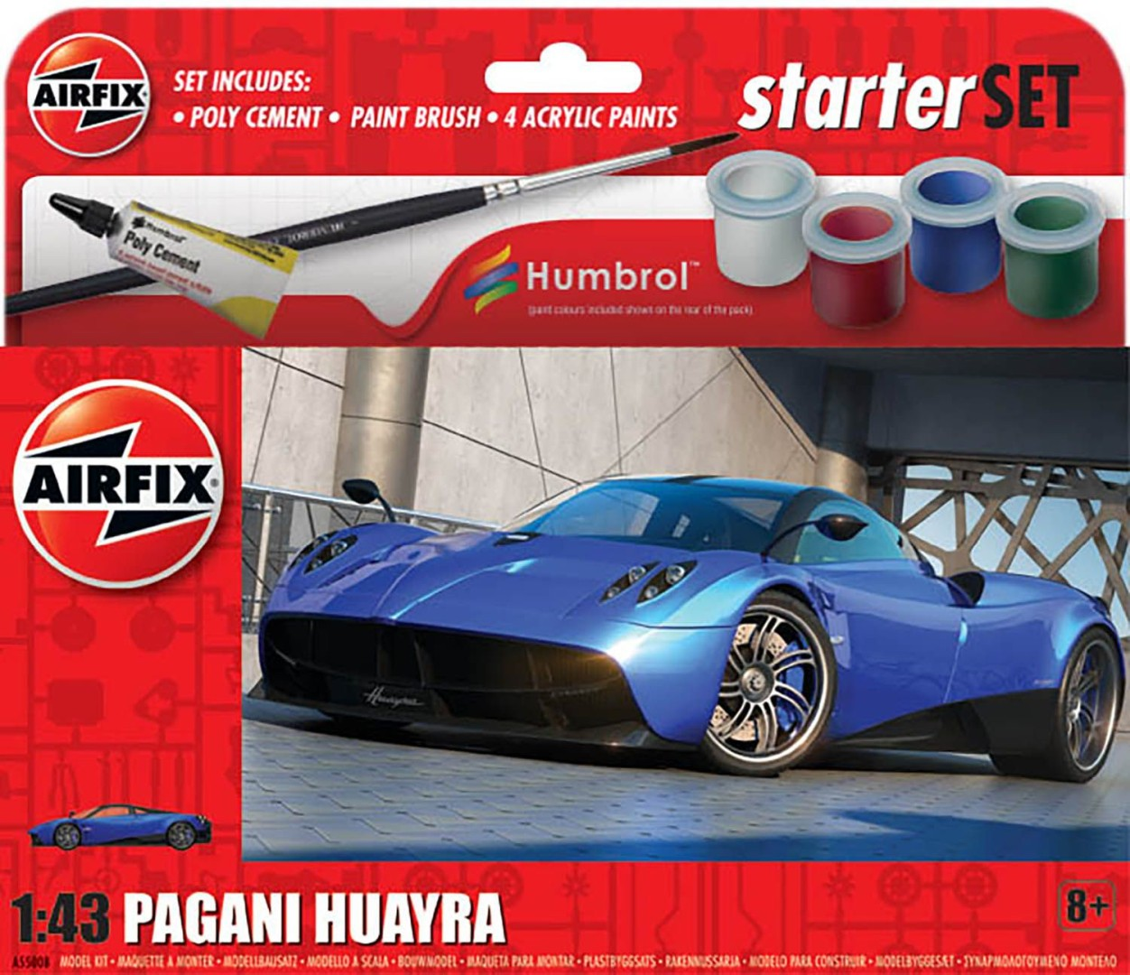 Zestaw Airfix: niebieski Pagani Huayra, cement, pędzel, 4 farby.