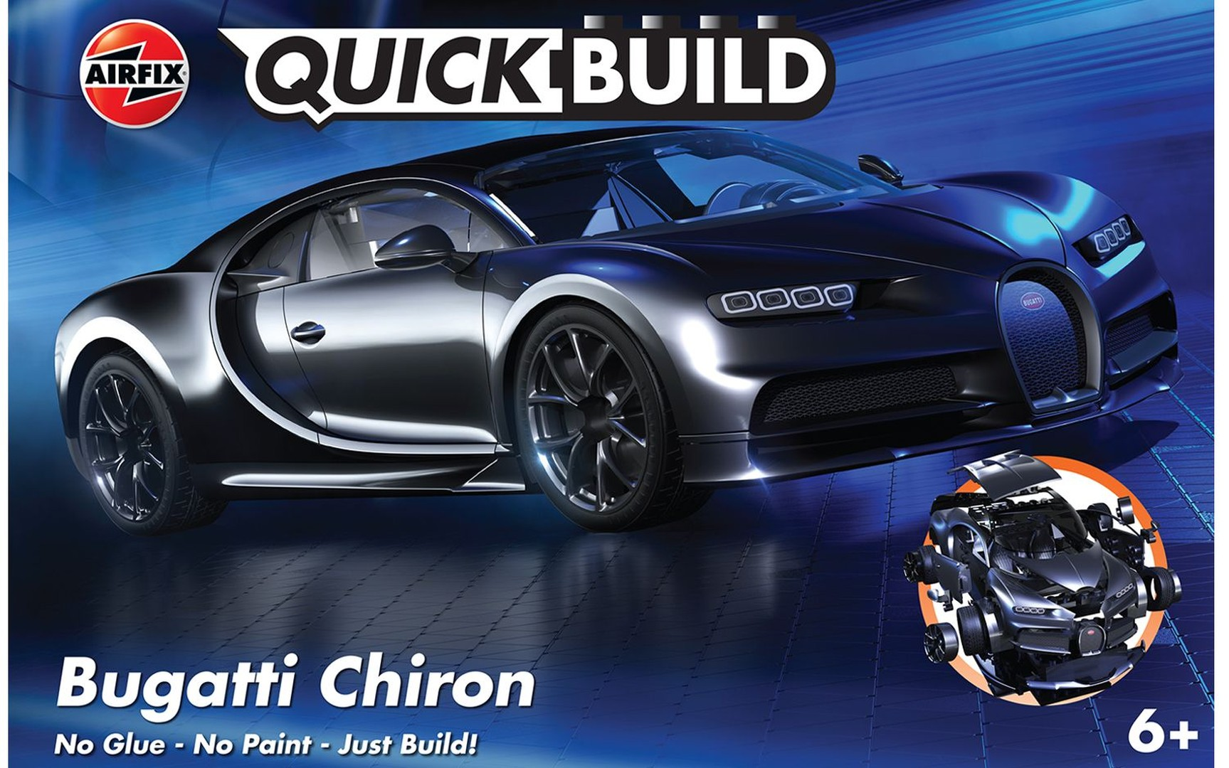 Szary model samochodu Bugatti Chiron w zestawie z logo Airfix i Quick Build.