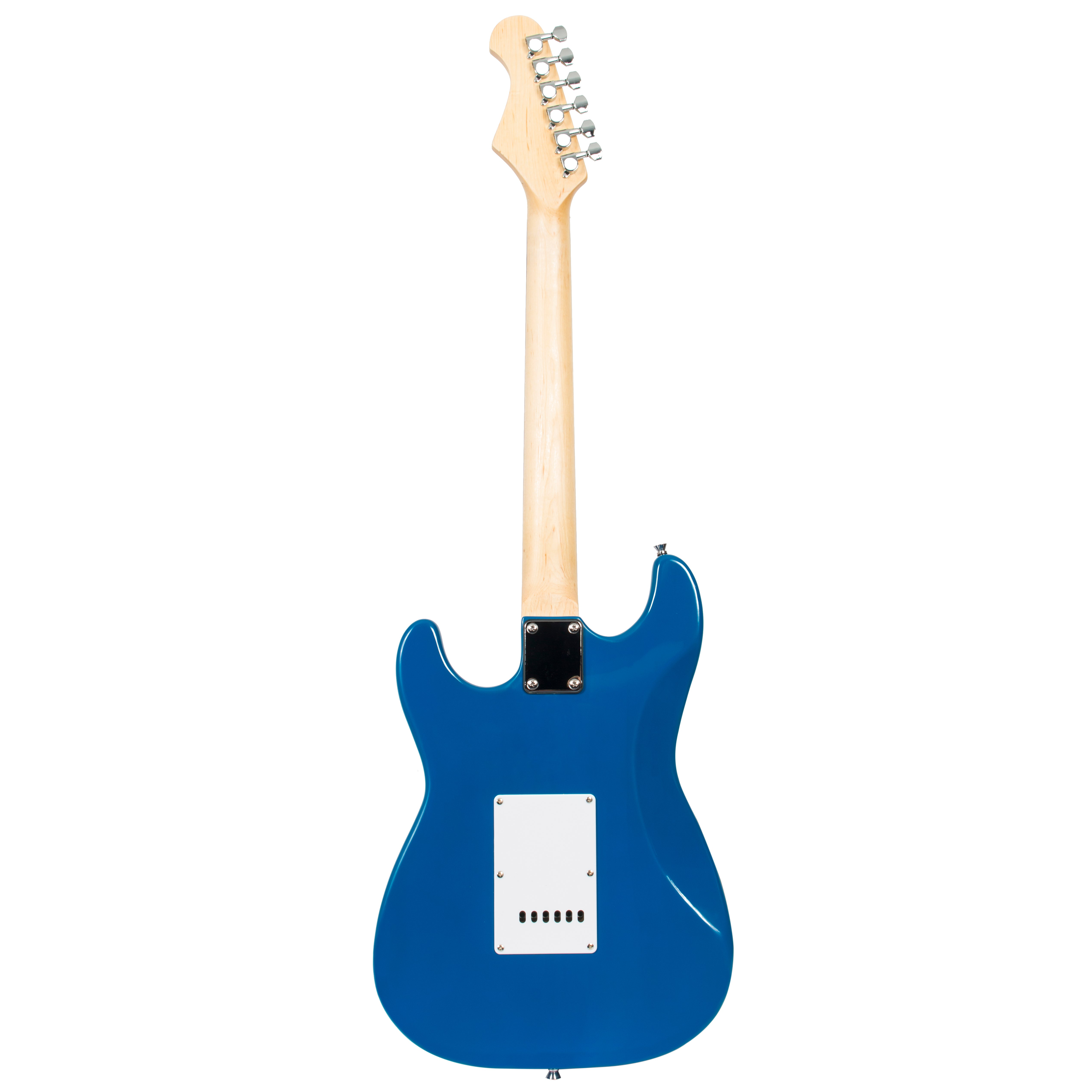 Een blauwe elektrische gitaar van achteren, met houten hals en zilveren stemknoppen.