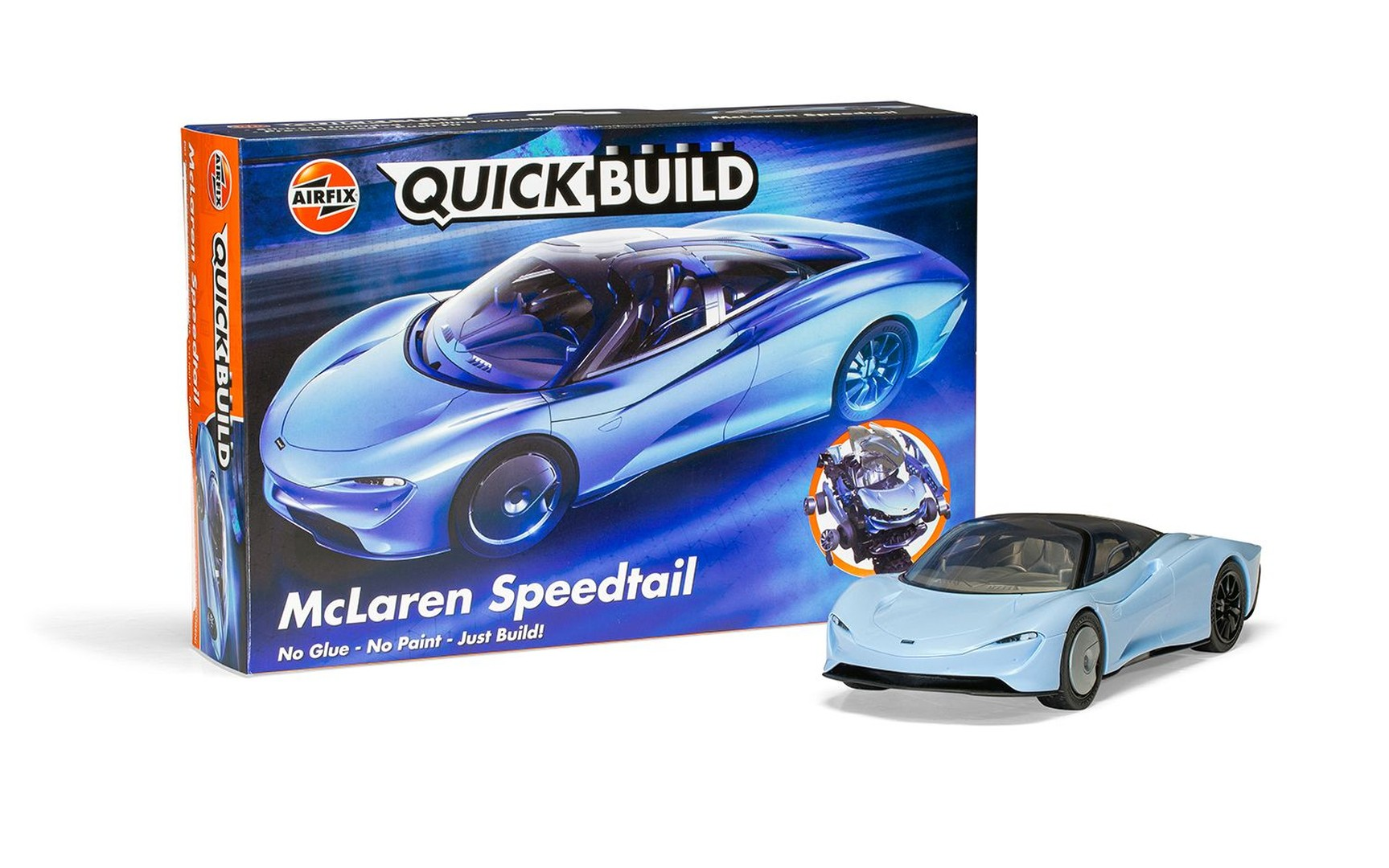 Niebieski model samochodu McLaren Speedtail obok pudełka Quick Build.
