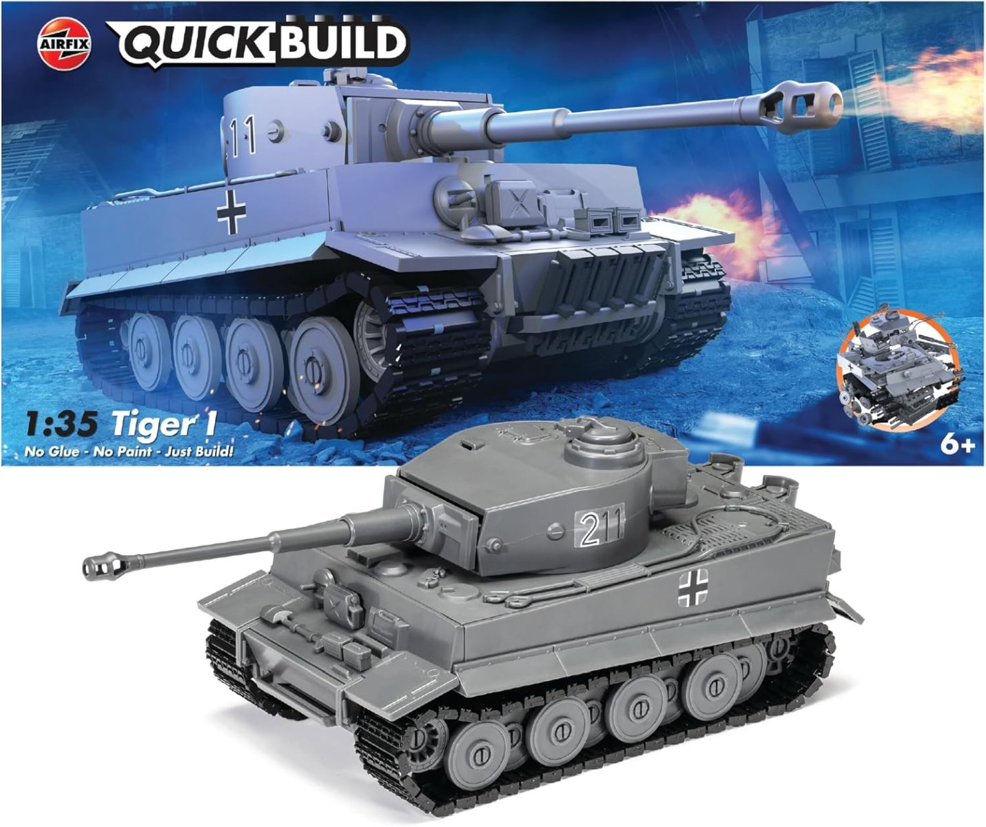 Szary model czołgu Tiger I Airfix Quick Build 1:35, bez kleju, bez farby.