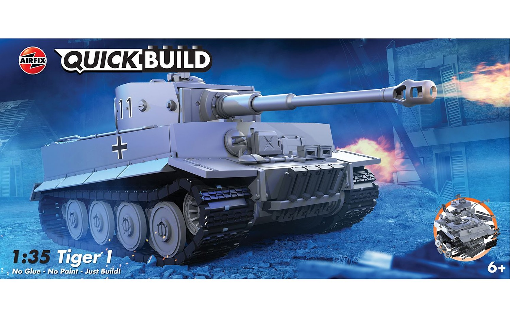 Szary model czołgu Tiger 1 z płomieniem wychodzącym z lufy.