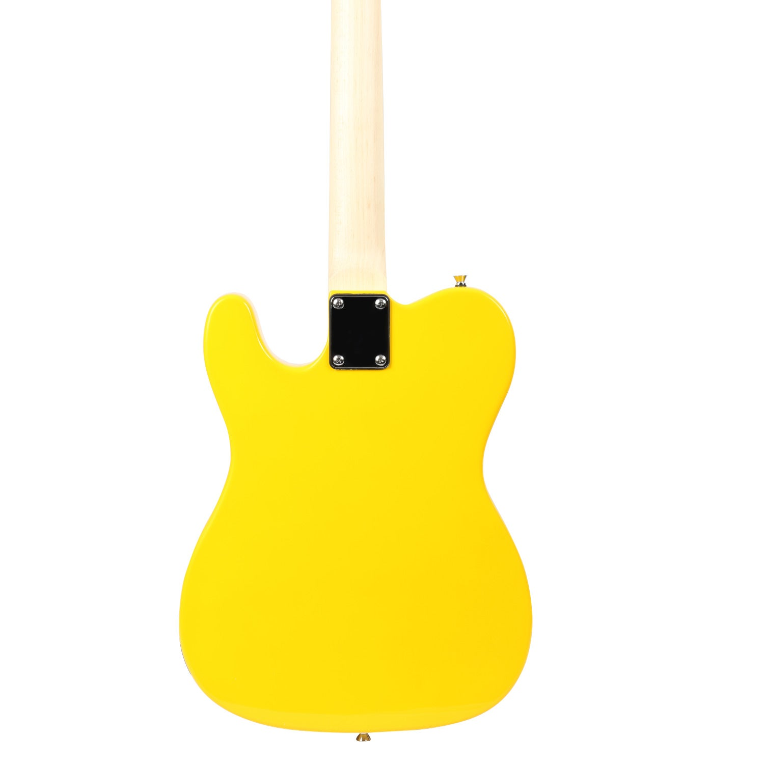 Achterkant van een felgele elektrische gitaar met een licht houten hals op witte achtergrond.