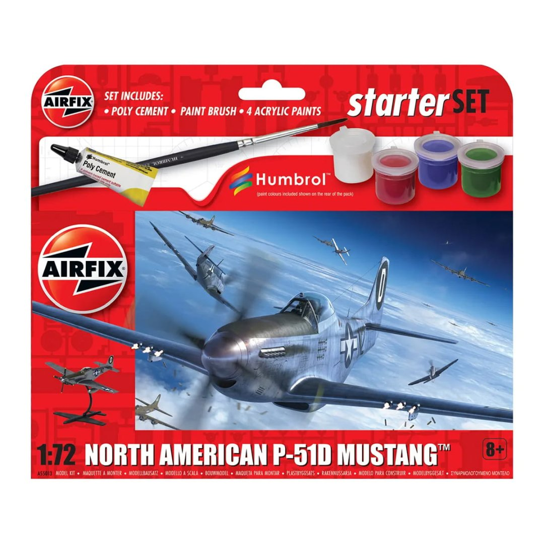 Zestaw modelarski Airfix P-51D Mustang z farbami, klejem i pędzlem.