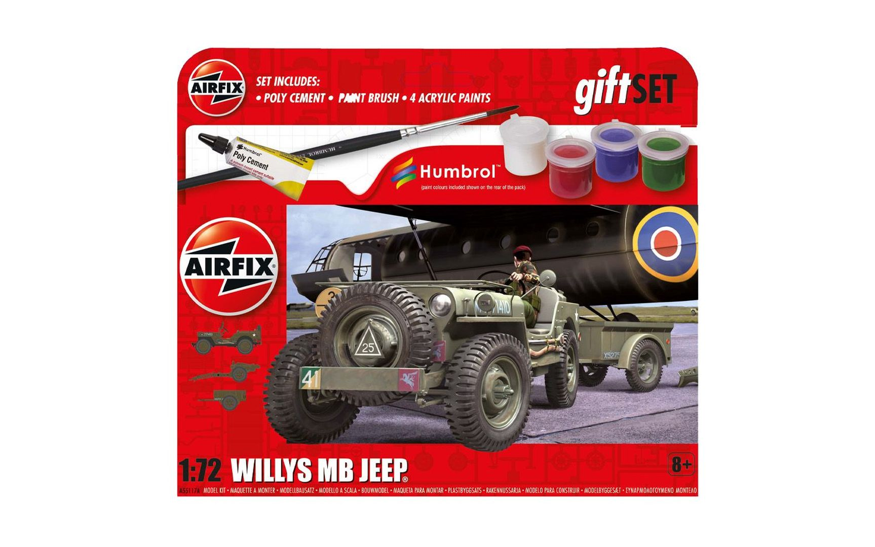 Zestaw modelarski Airfix 1:72 Jeep Willys MB z przyczepą i samolotem.